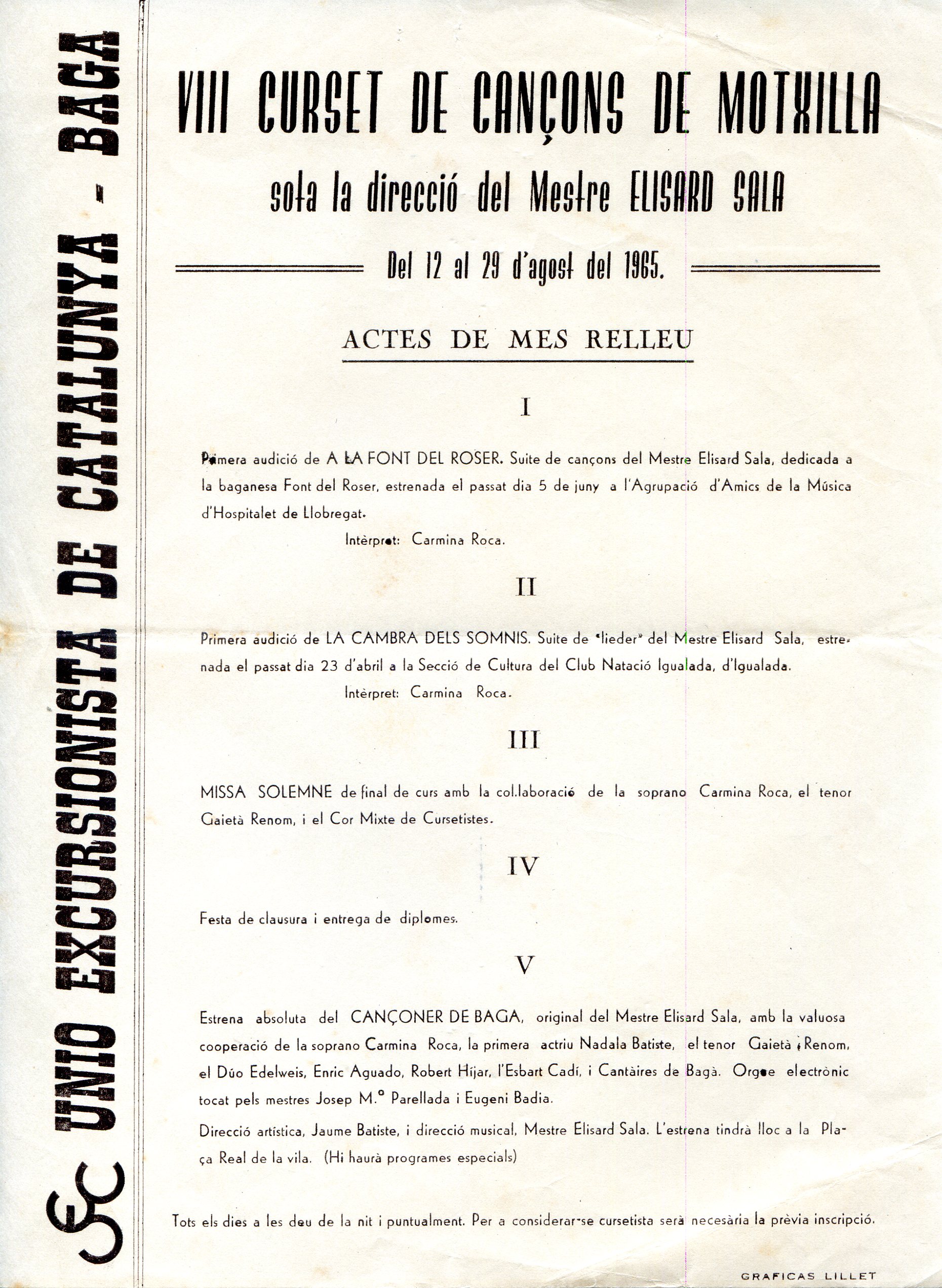 VIII Curset de Cançons de Motxilla sota la direcció del Mestre Elisard Sala : Del 12 al 29 d'agost del 1965 - Portada