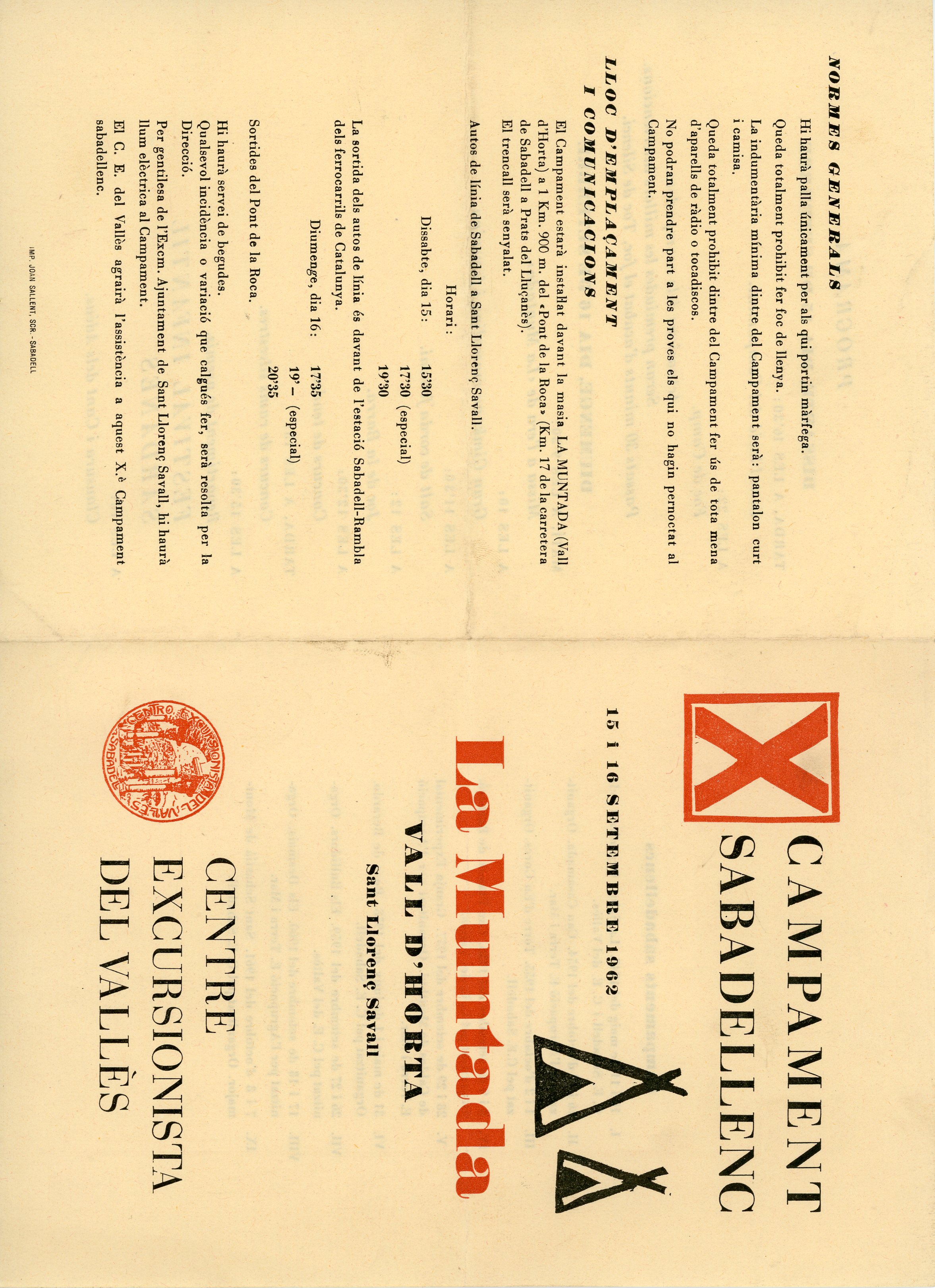 X Campament Sabadellenc : La Muntada Vall d'Horta Sant Llorenç Savall : 15 i 16 setembre 1962 - Portada