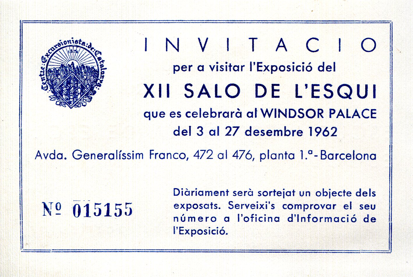 Invitació per a visitar l'Exposició del XII Saló de l' Esquí que es celebrarà al Windsor Palace del 3 al 27 de desembre 1962 - Portada