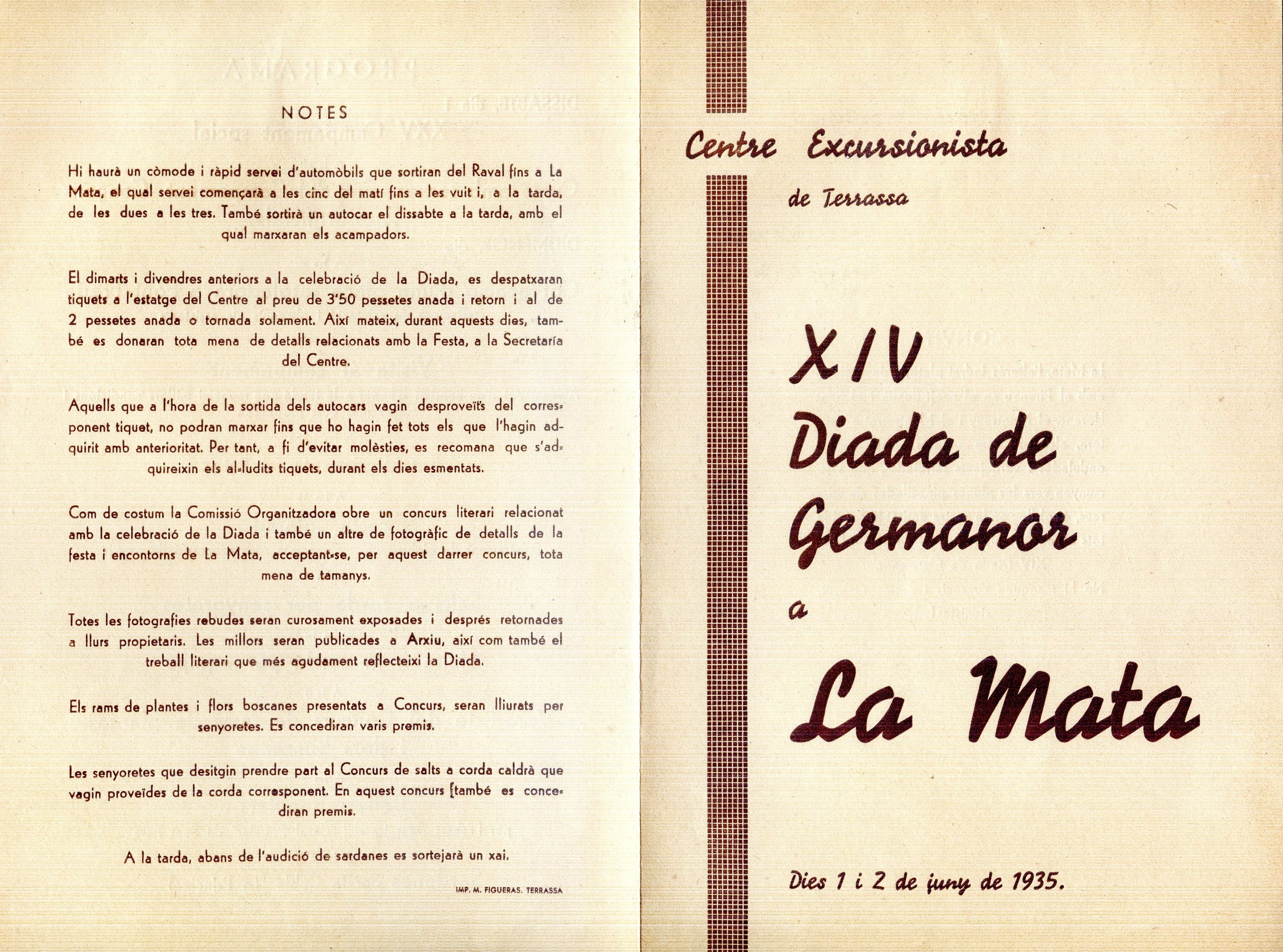 XIV Diada de Germanor a La Mata : Dies 1i 2 de juny de 1935 - Portada
