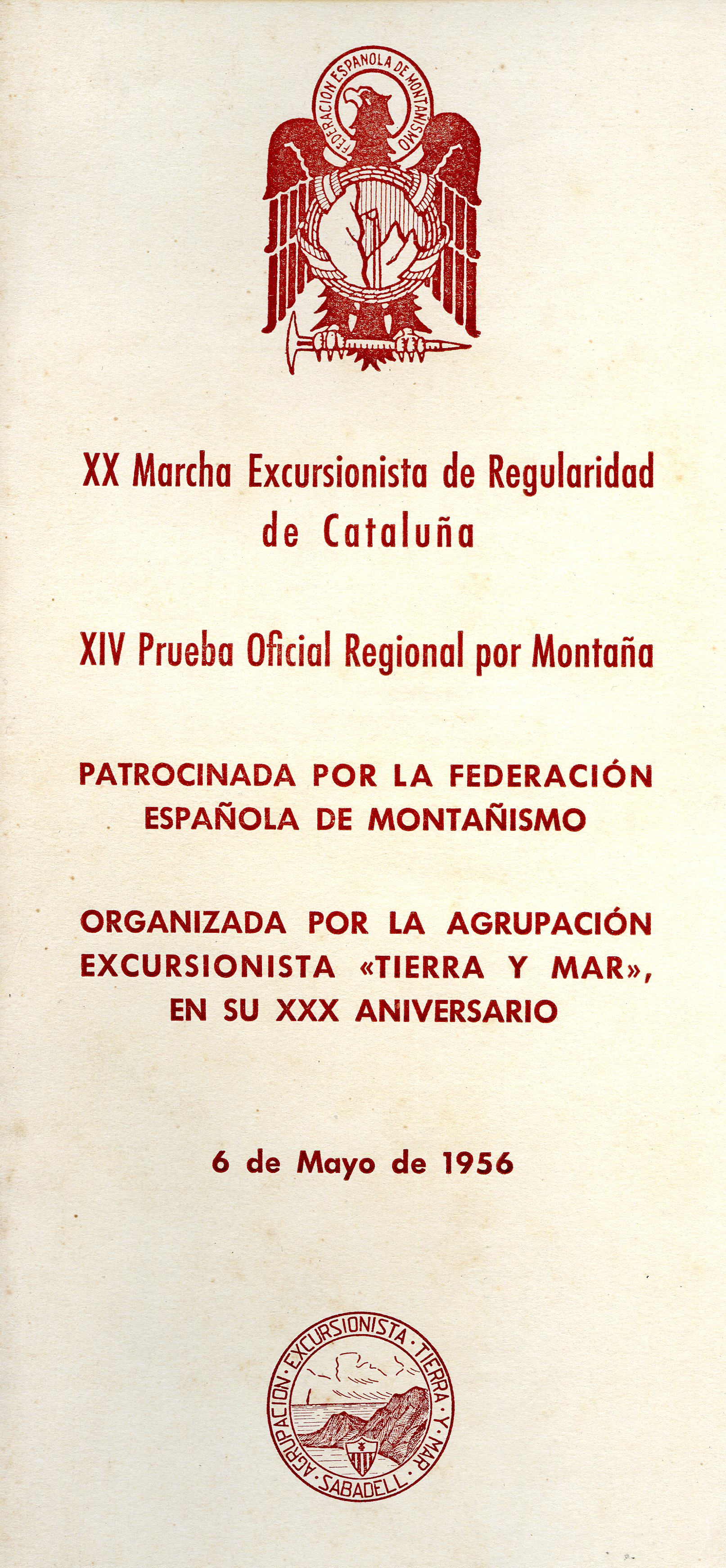 XX Marcha Excursionista de Regularidad de Catalunña : XIV Prueba Oficial por Montaña : 6 de Mayo de 1956 - Portada