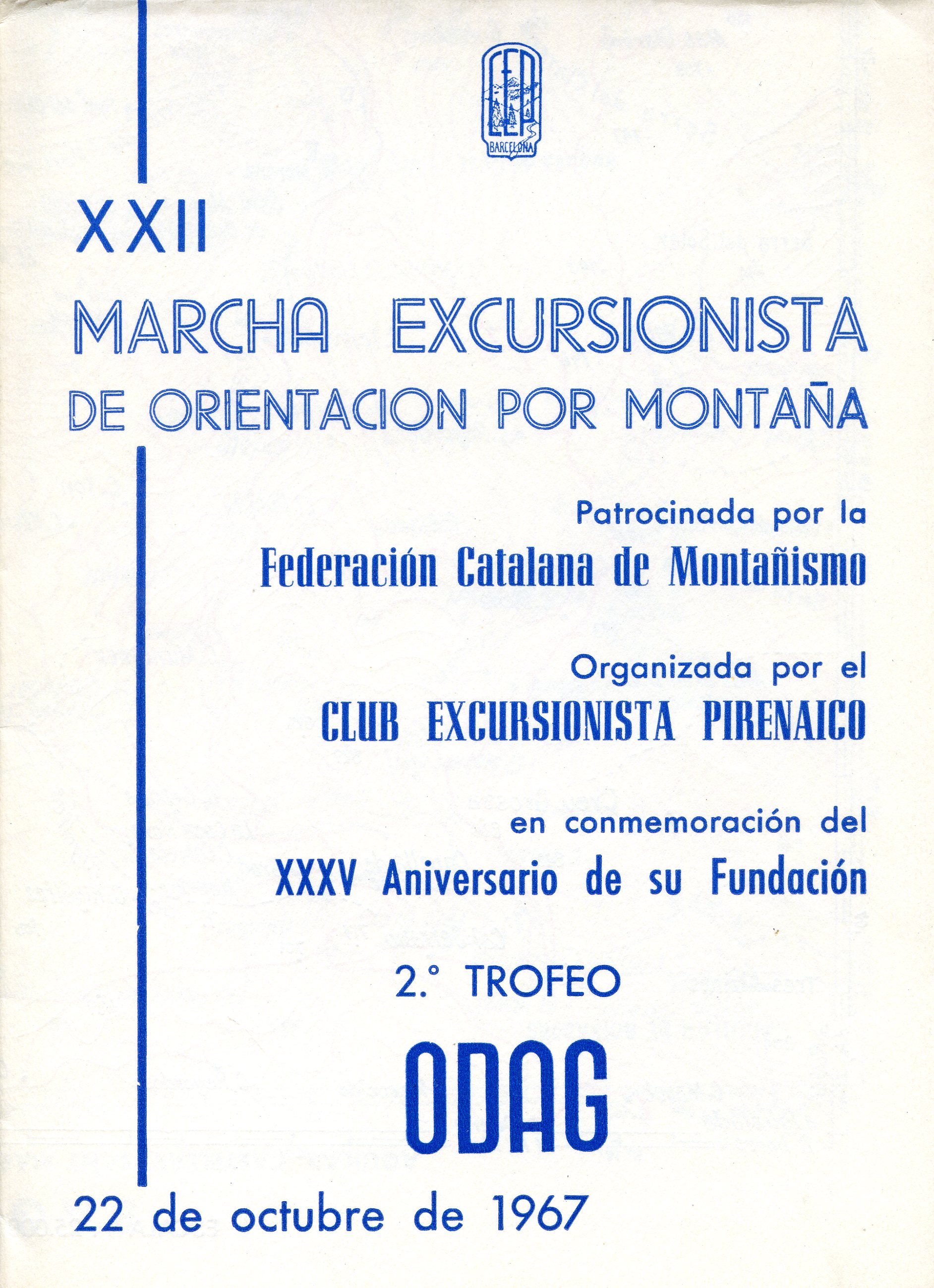 XXII Marcha Excursionista de Orientación por Montaña : 2.º Trofeo ODAG : 22 de octubre de 1967 - Portada