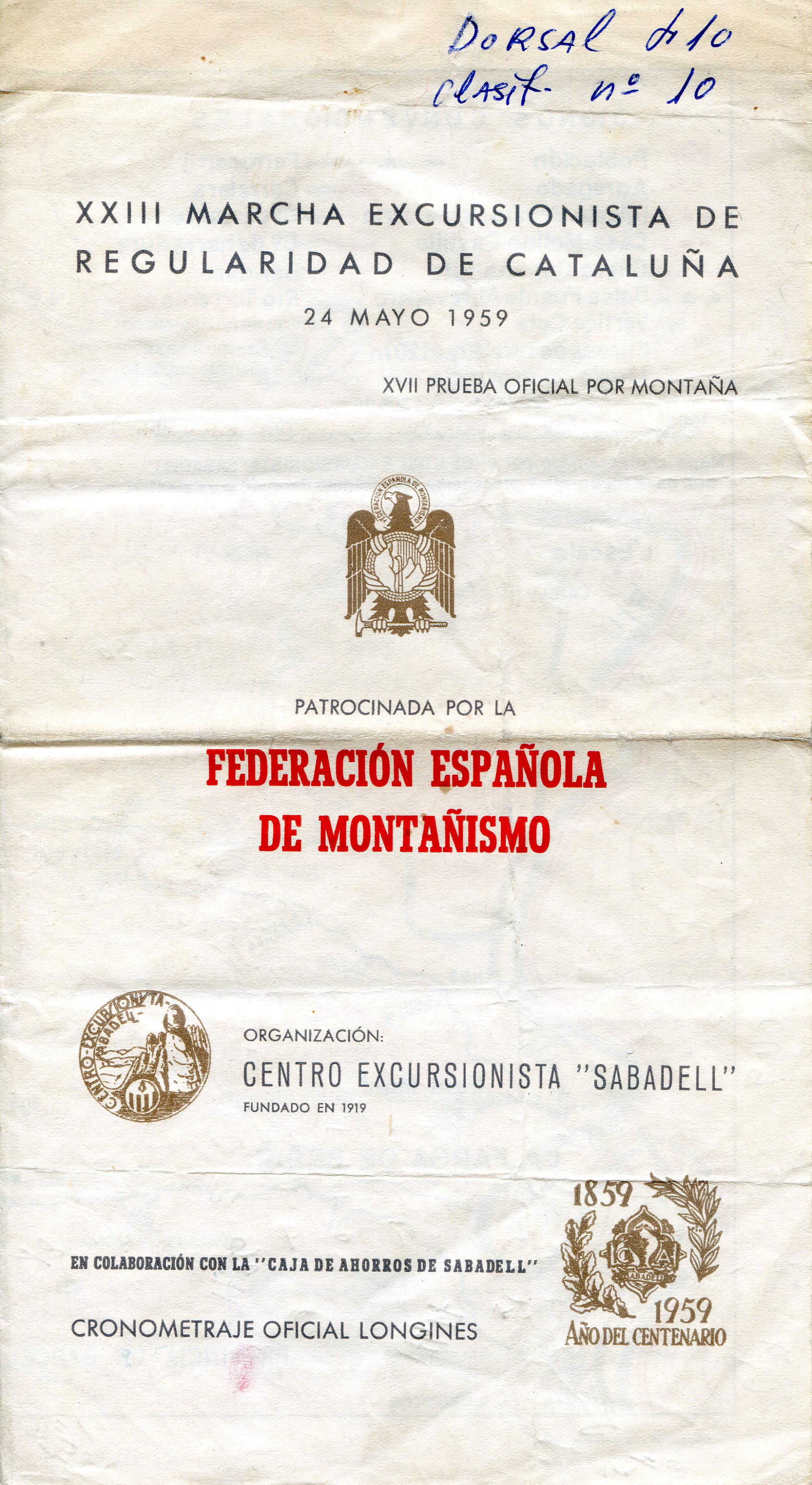 XXIII Marcha Excursionista de Regularidad de Cataluña : 24 Mayo 1959 : XVII Prueba Oficial por Montaña - Portada