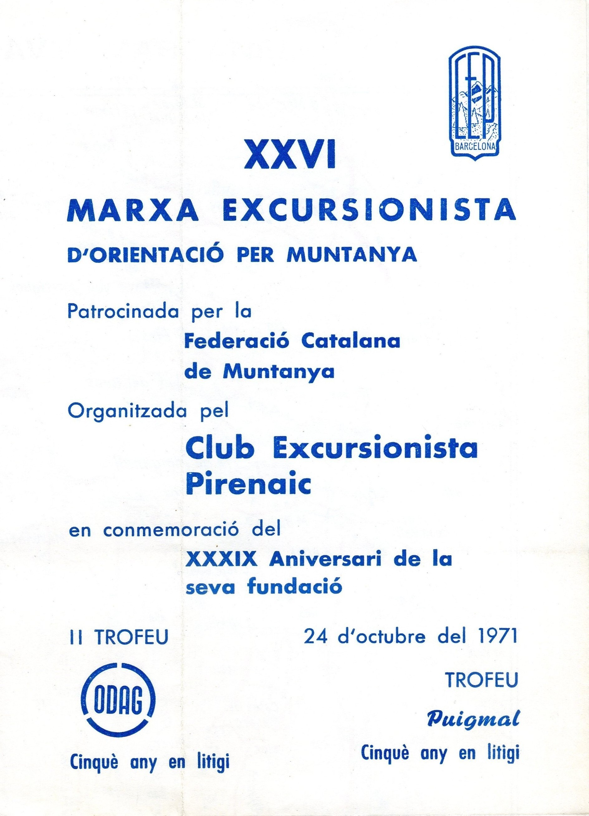 XXVI Marxa Excursionista d'Orientació per Muntanya : 24 d'octubre del 1971 - Portada