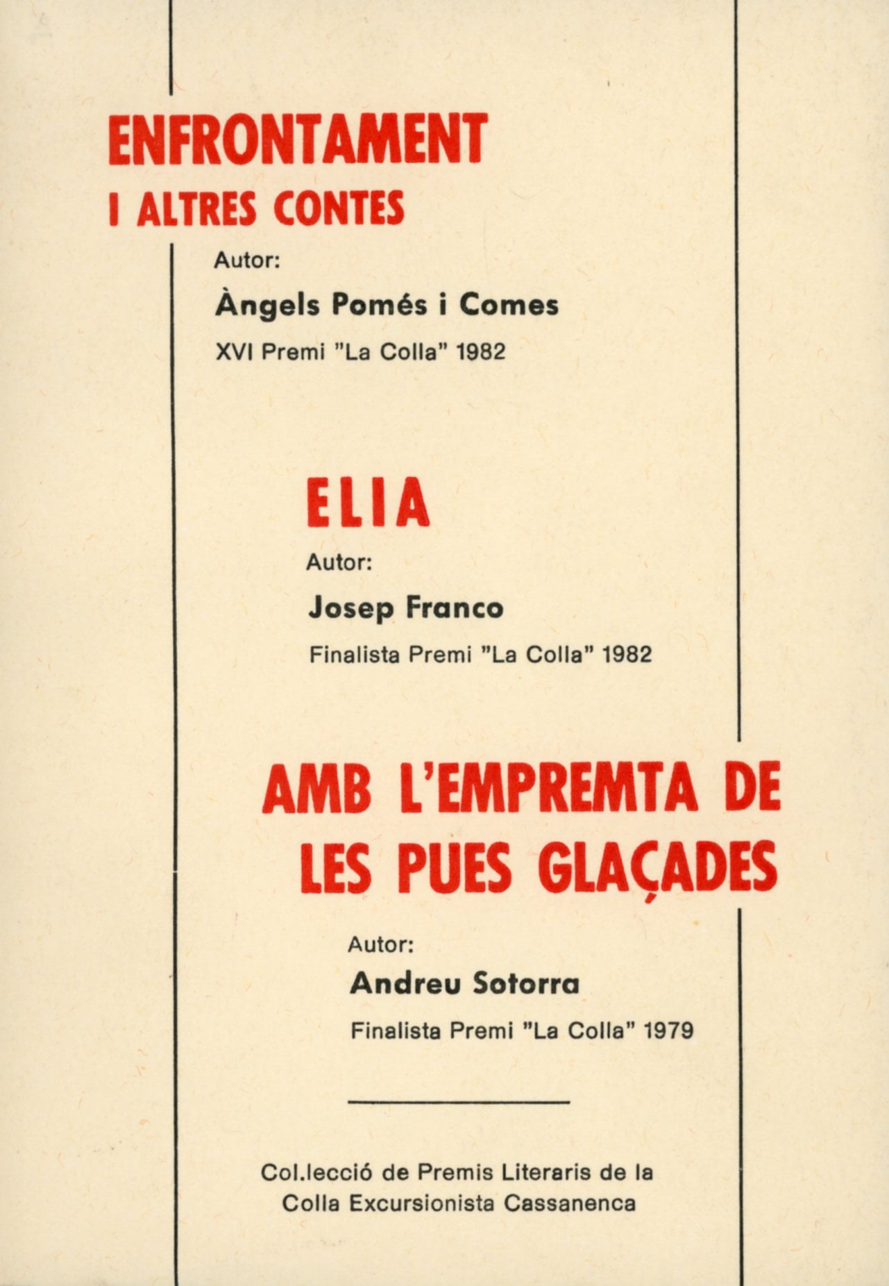 Enfrontament i altres contes : XVI Premi "La Colla" 1982 : Elia : Finalista Premi "La Colla" 1982 : Amb l'empremta de les pues glaçades : Finalista Premi "La Colla" 1979 - Portada