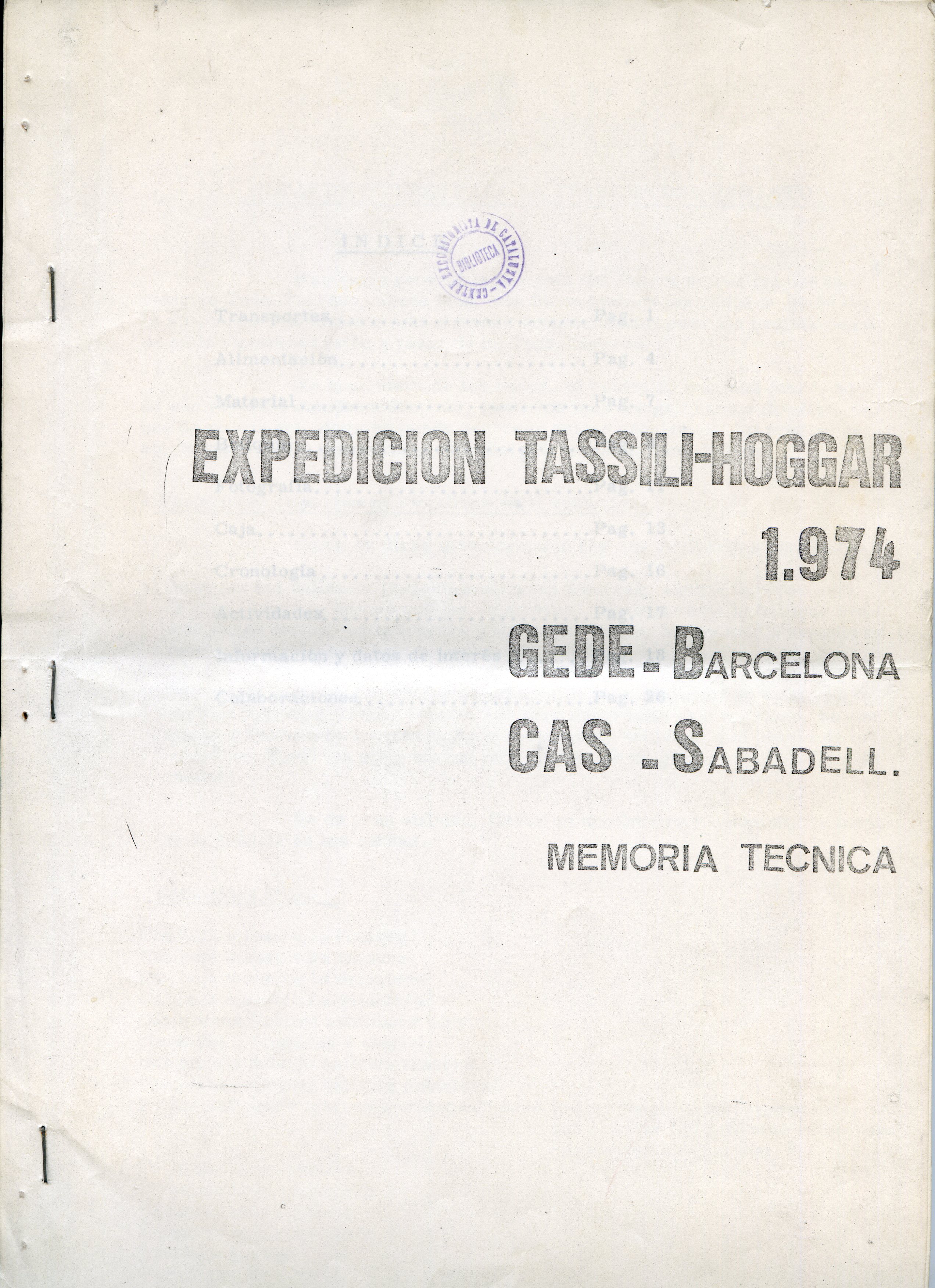 Expedición Tassili-Hogar 1974 : GEDE-Barcelona CAS-Sabadell : Memoria técnica - Portada