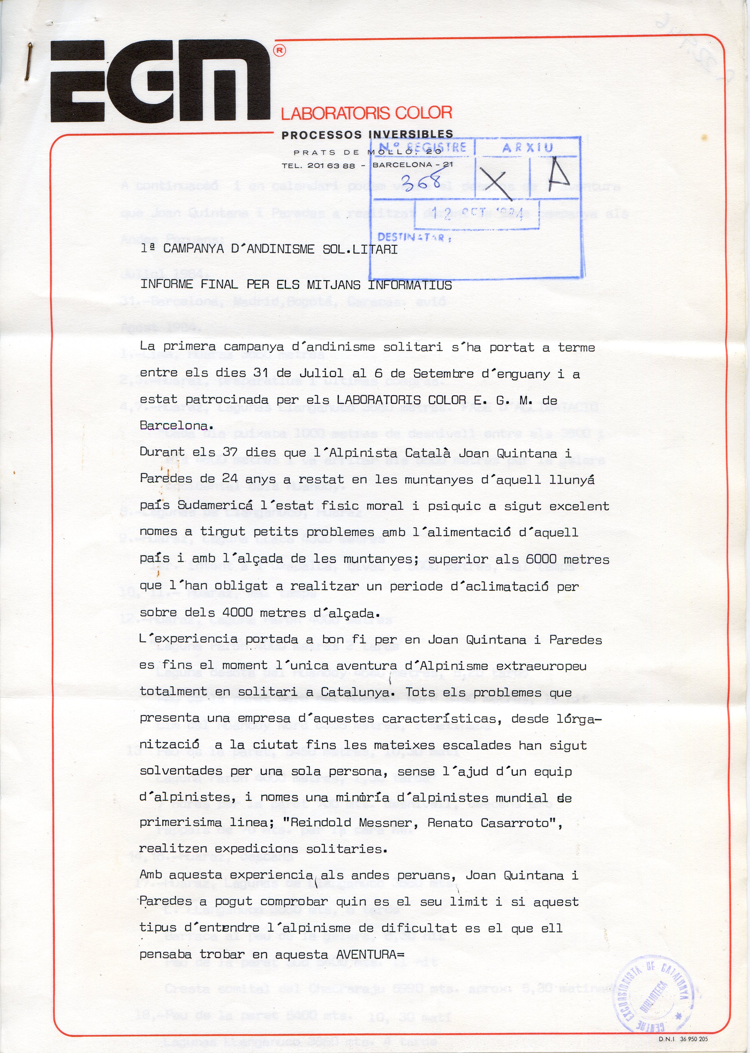 1a Campanya d'andinisme solitari : Informe final per als mitjans informatius - Portada