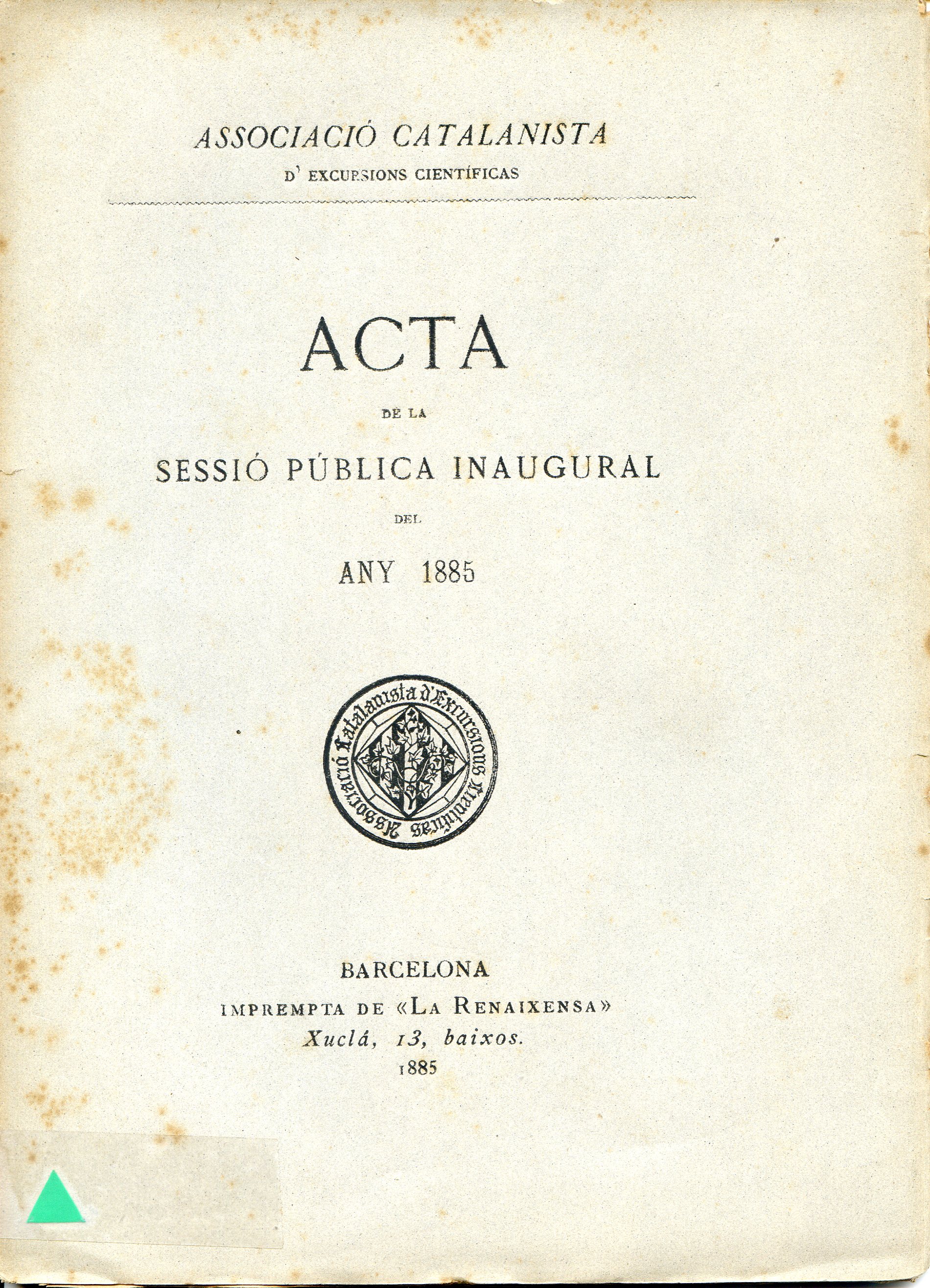 Acta de la sessió pública inaugural del any 1885 - Portada