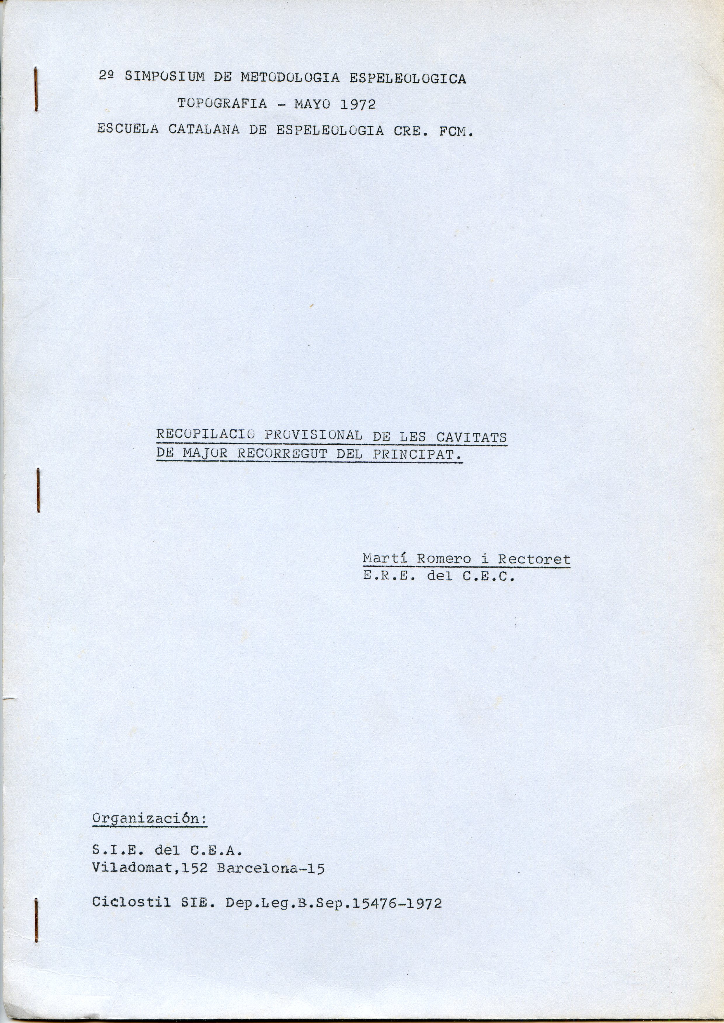 Recopilació provisional de les cavitats de major recorregut del Principat - Portada