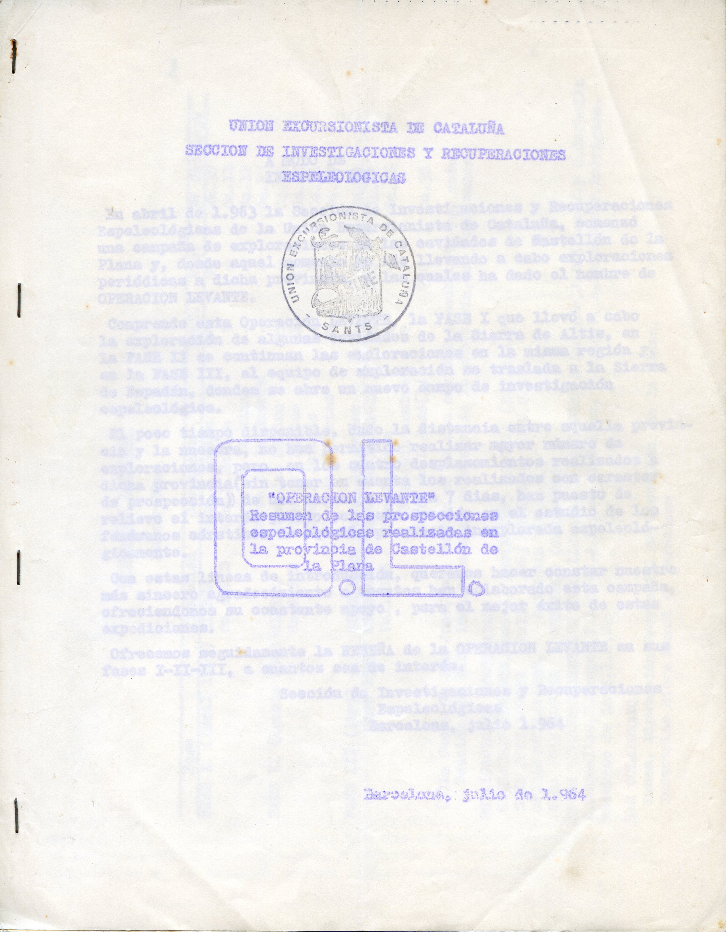 "Operación Levante" Resumen de las prospecciones espeleológicas realizadas en la provincia de Castellón de la Plana - Portada