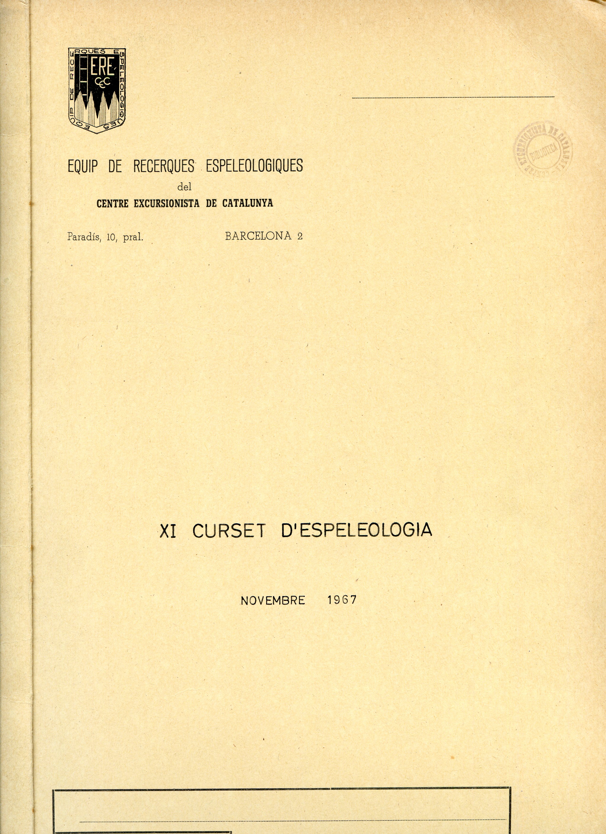 XI Curset d'Espeleologia : novembre 1967 - Portada