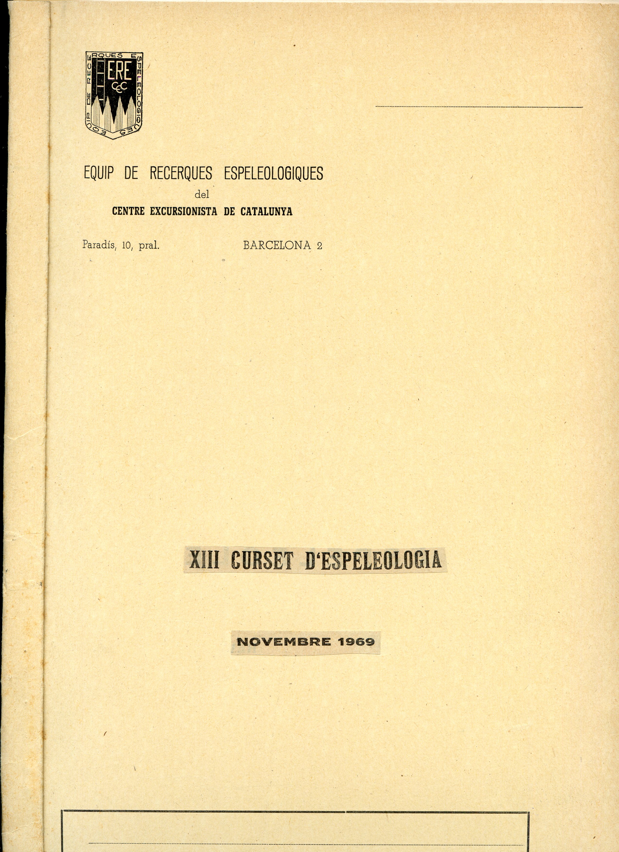 XIII Curset d'Espeleologia : novembre 1969 - Portada