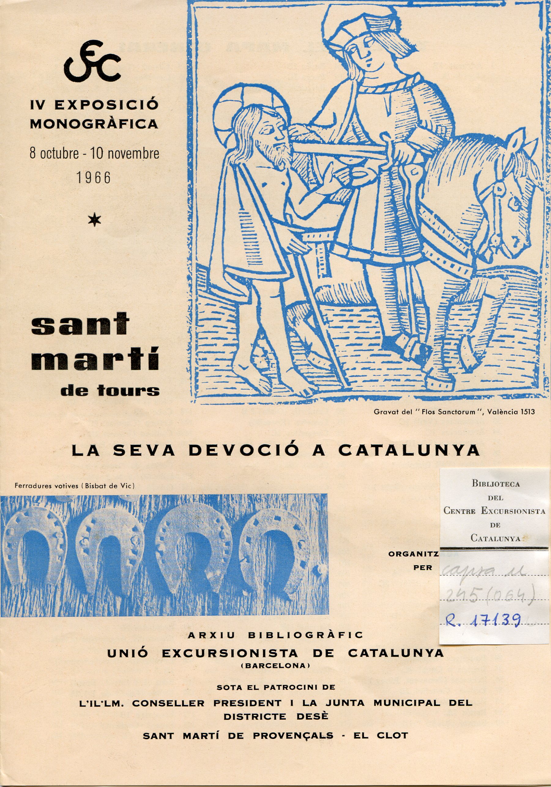 IV Exposició Monogràfica 8 octubre - 10 novembre 1966 : Sant Martí de Tours : La seva devoció a Catalunya - Portada