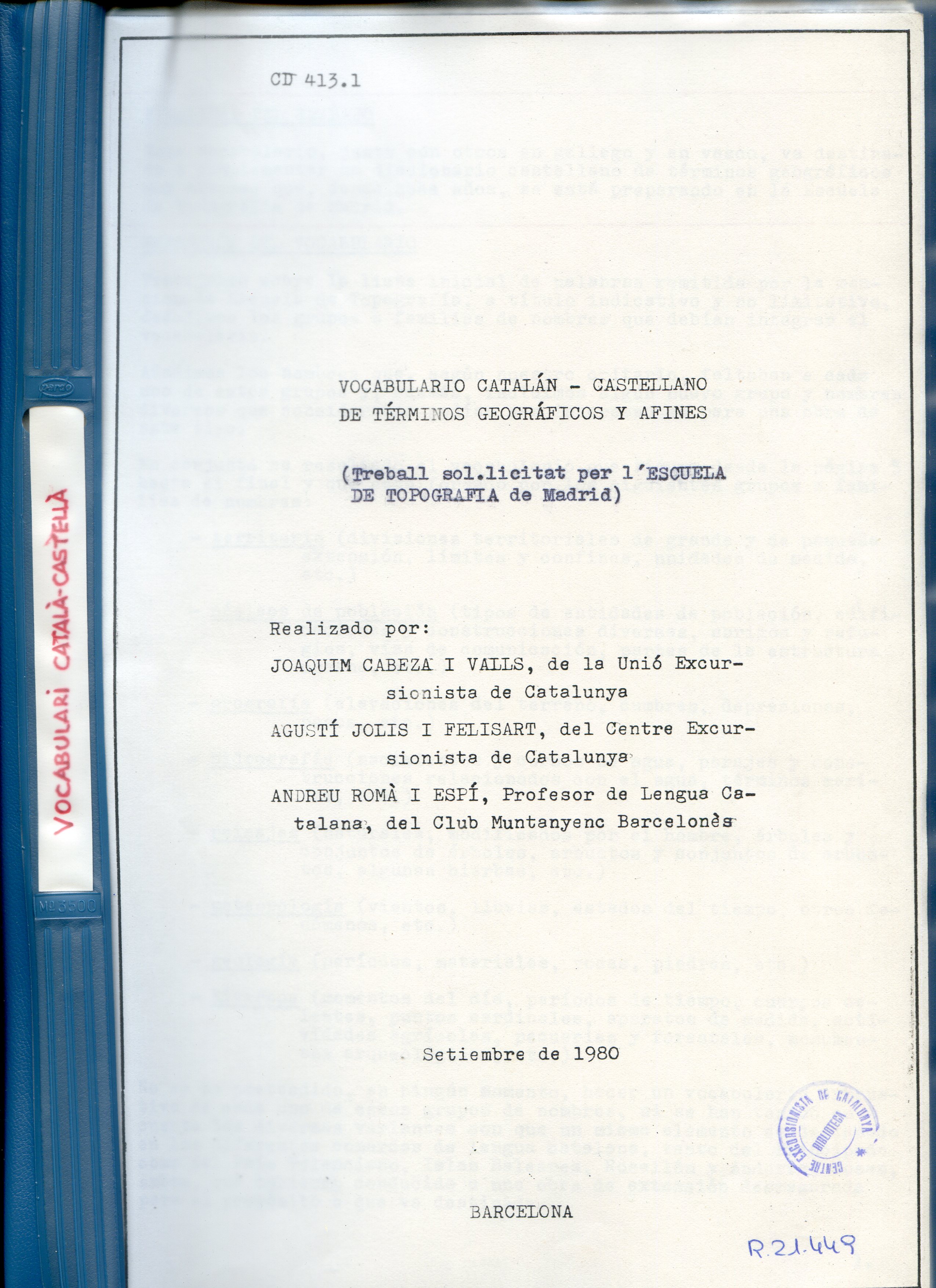 Vocabulario catalán-castellano de términos geográficos y afines (Treball sol·licitat per l'ESCUELA DE TOPOGRAFIA de Madrid) - Portada