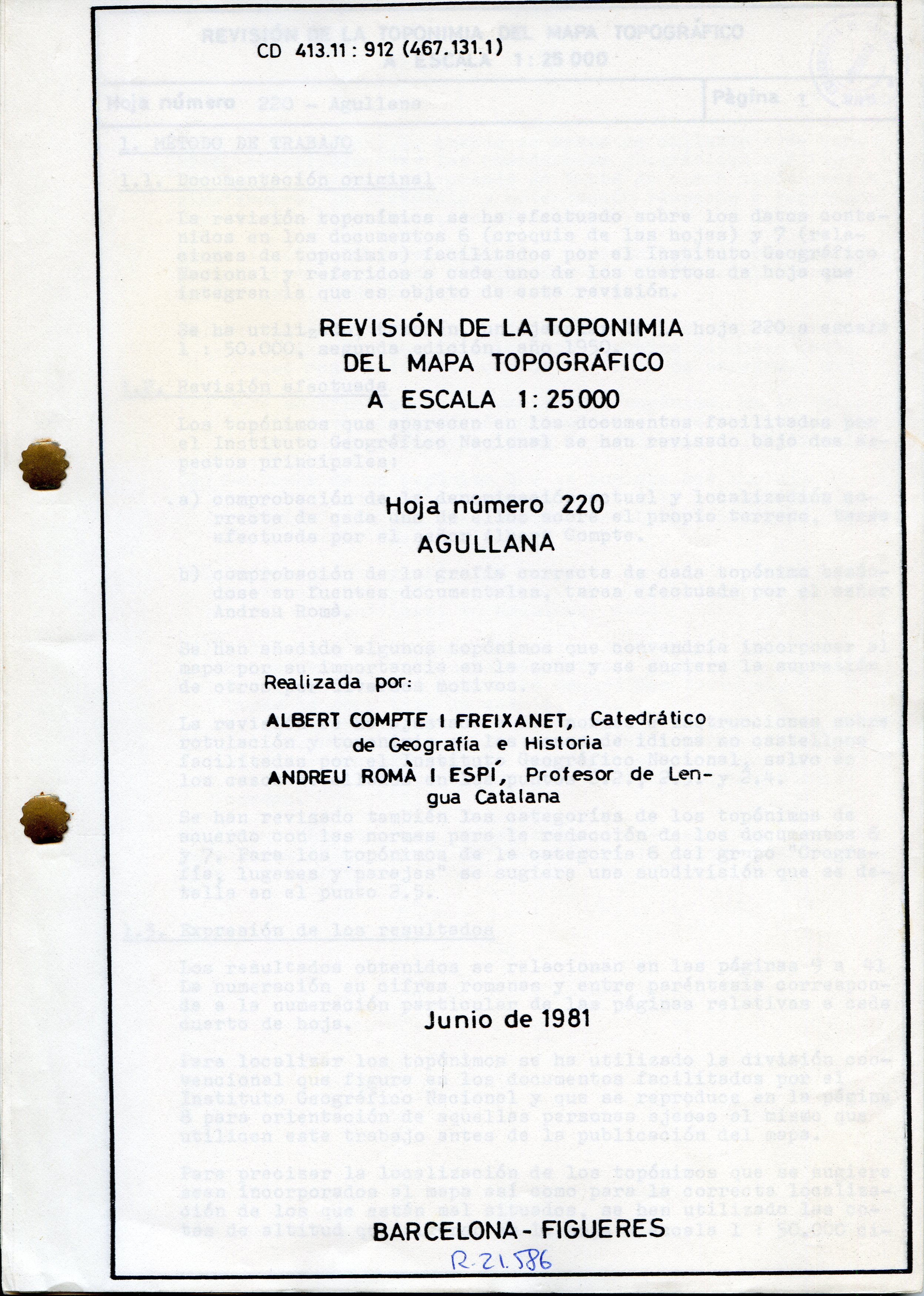 Revisión de la toponímia del mapa topográfico a escala 1:25.000  Hoja número 220 AGULLANA - Portada