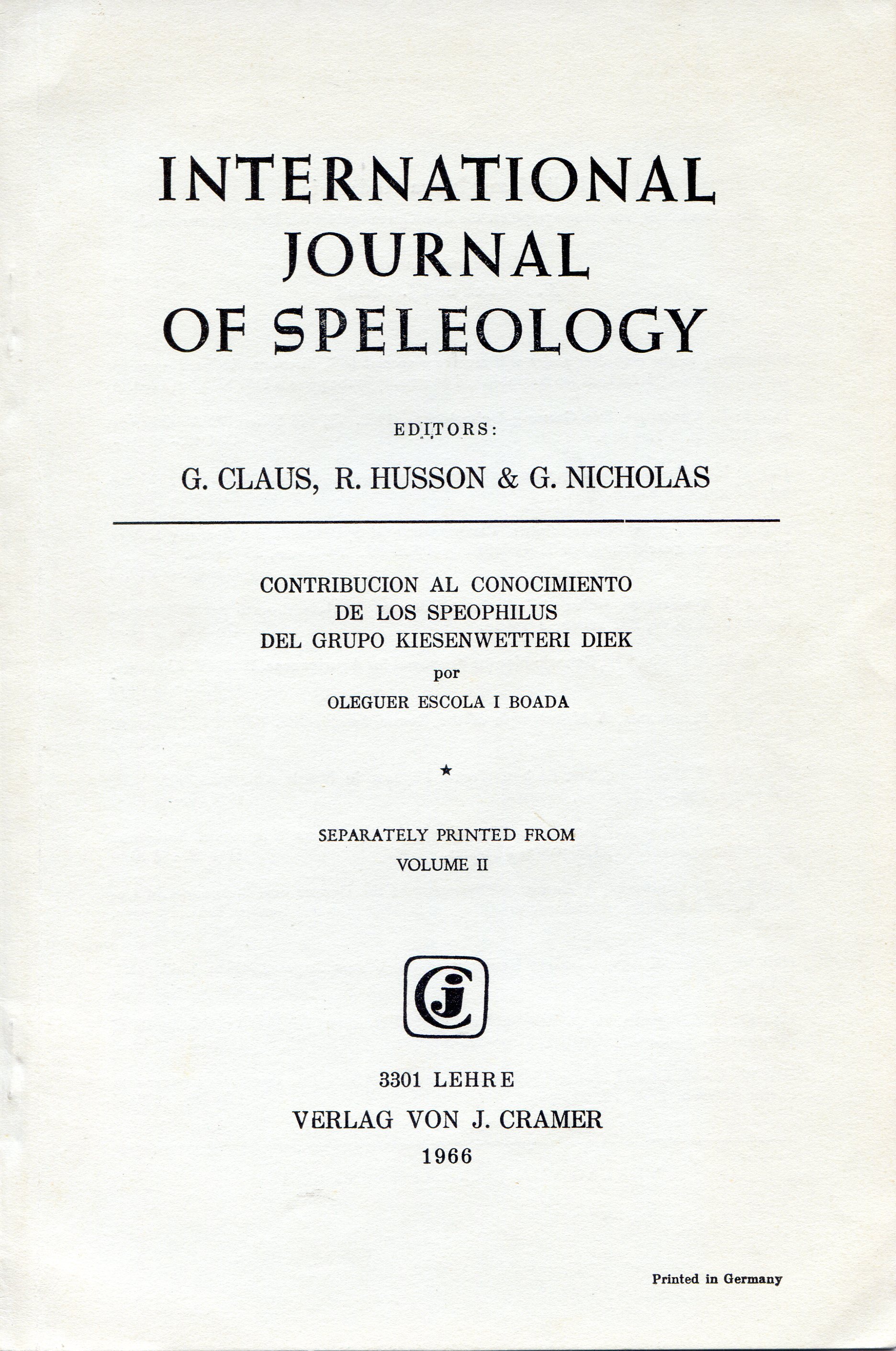 International Journal of speleology : Contribución al conocimiento de los speophillus del grupo kiesenwetteri diek - Portada