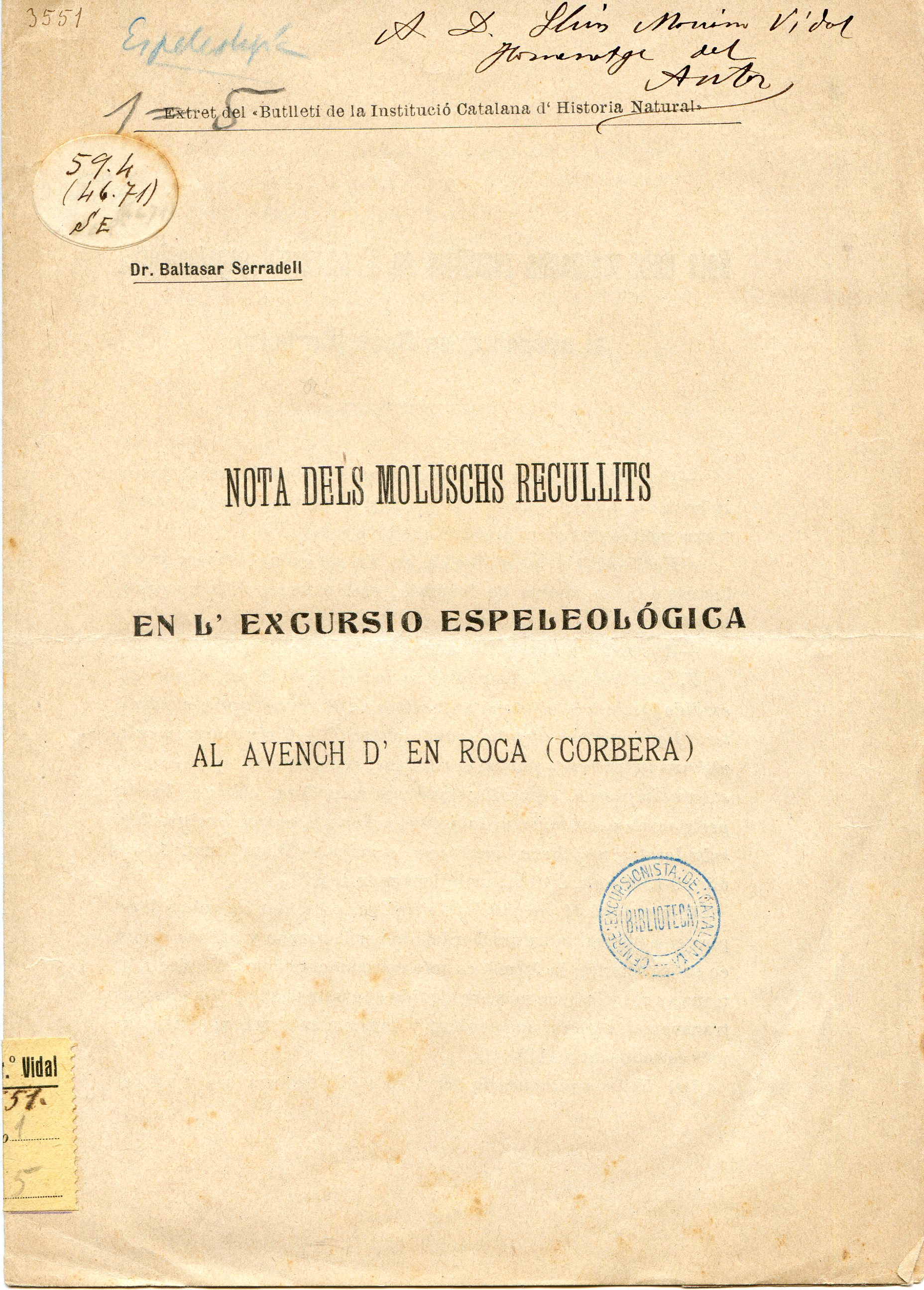 Nota dels moluschs recullits en l'excursió espeleológica al Avench d'en Roca (Corbera) - Portada
