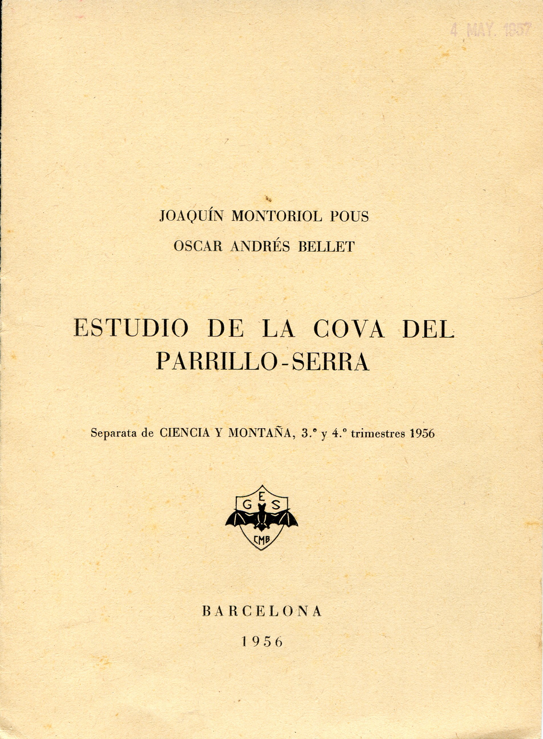 Estudio de la Cova del Parrillo-Serra : Separata de Ciencia y Montaña, 3.º y 4.º trimestres 1956 - Portada
