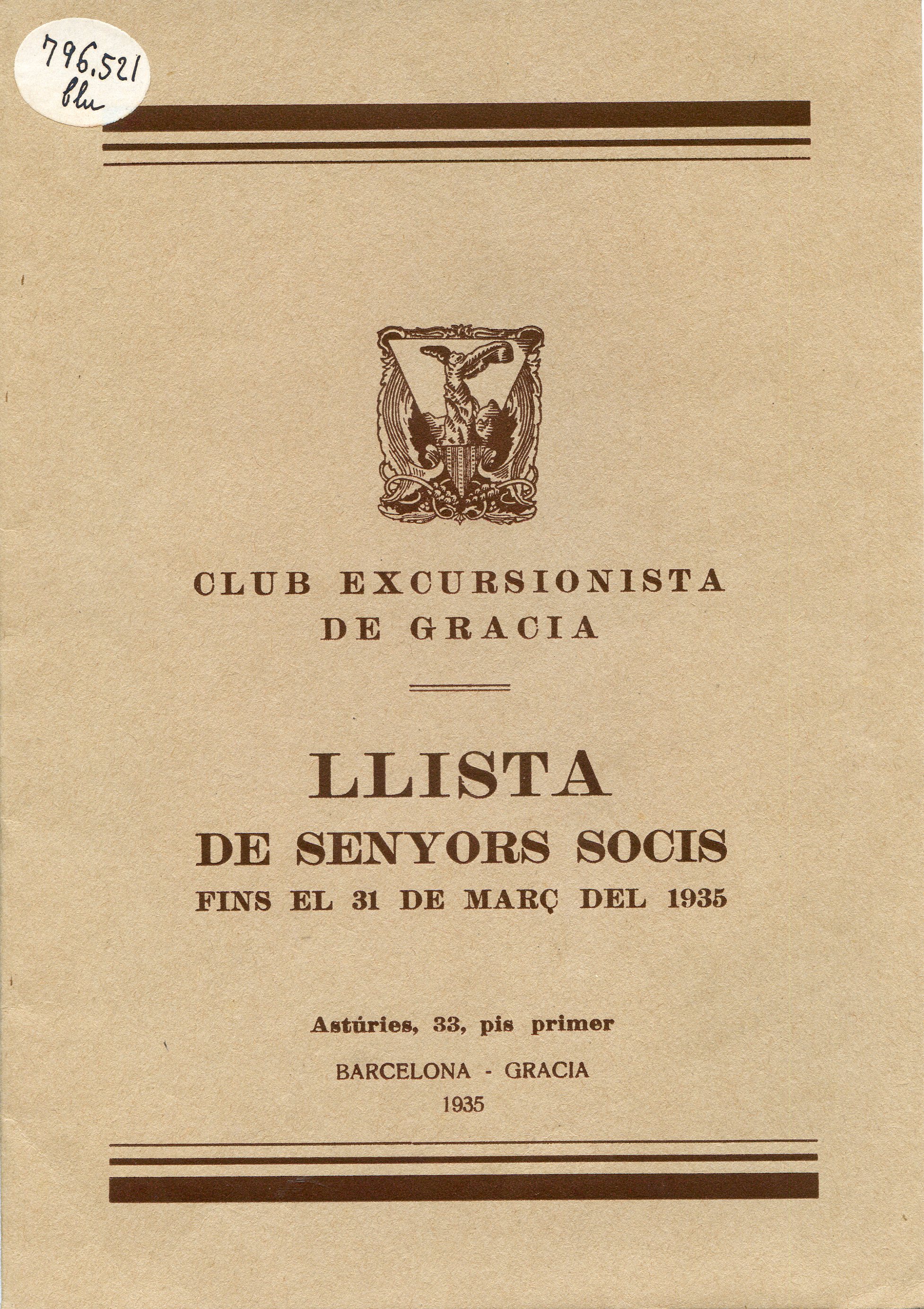 Club Excursionista de Gràcia : Llista de senyors socis fins el 31 de març del 1935 - Portada