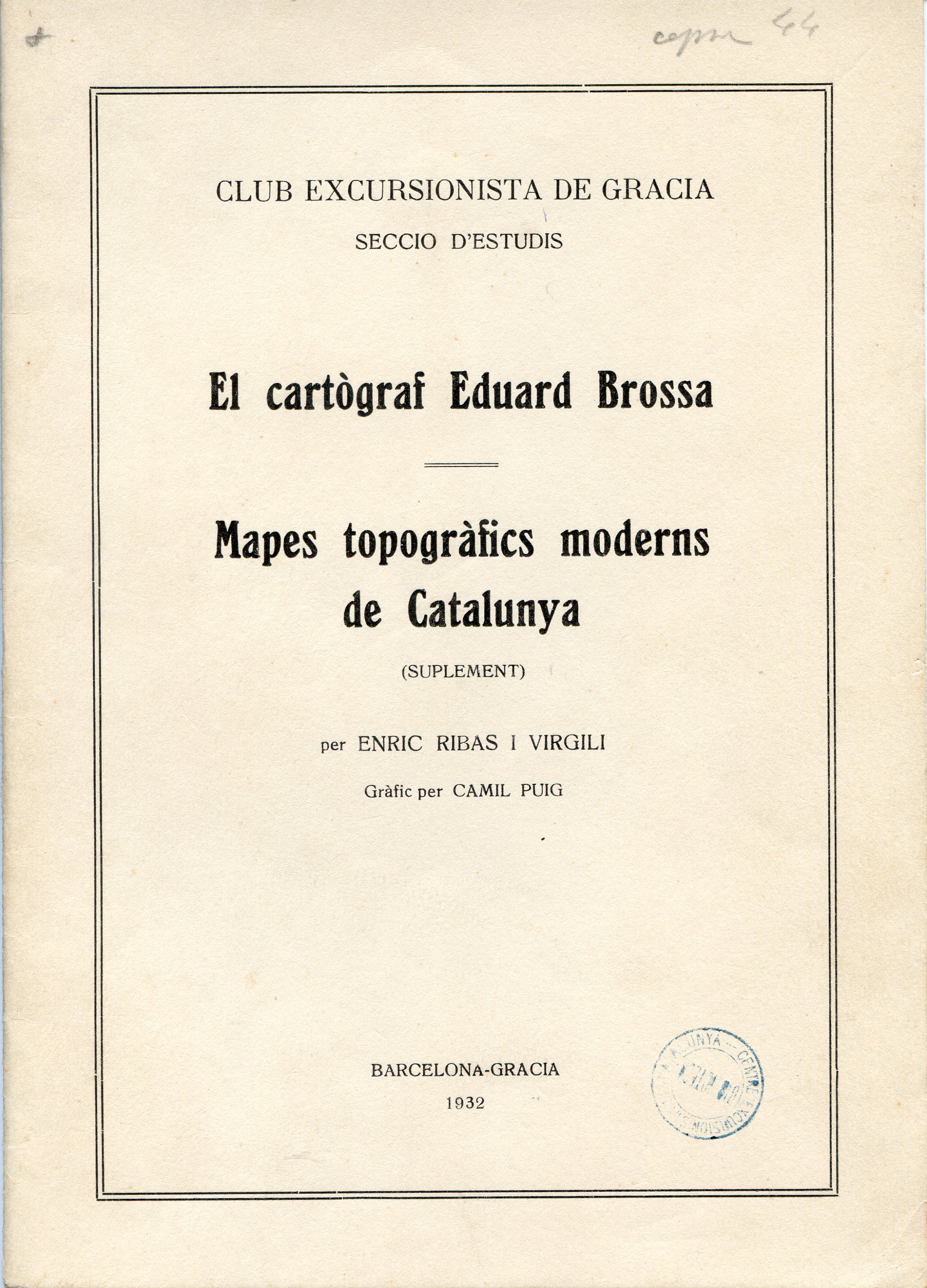 cartògraf Eduard Brossa, El : Mapes topogràfics moderns de Catalunya (suplement) - Portada