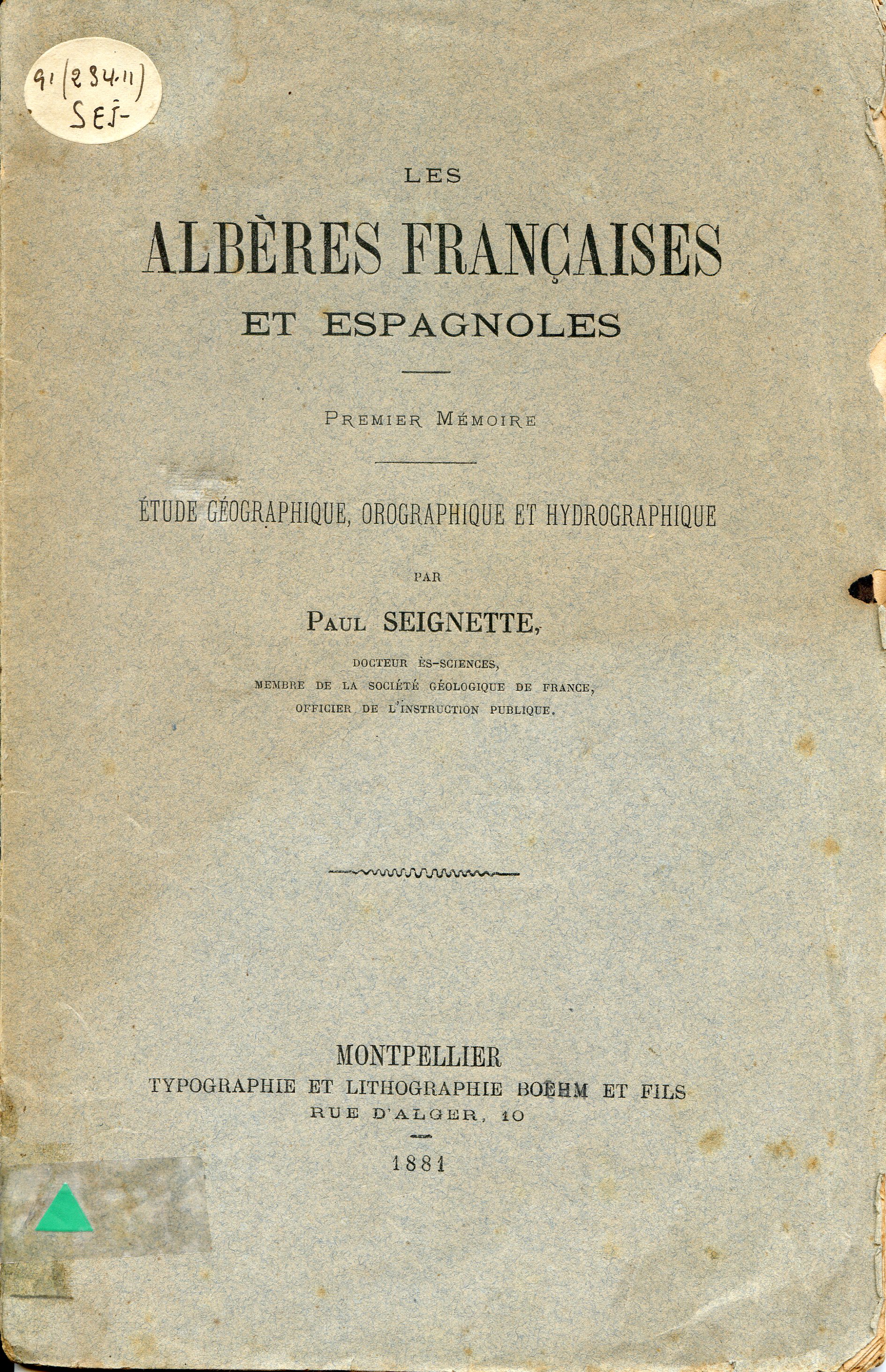Albères françaises et espagnoles, Les : Premier Memoire : Étude Géographique, orografhique et hydrographique - Portada