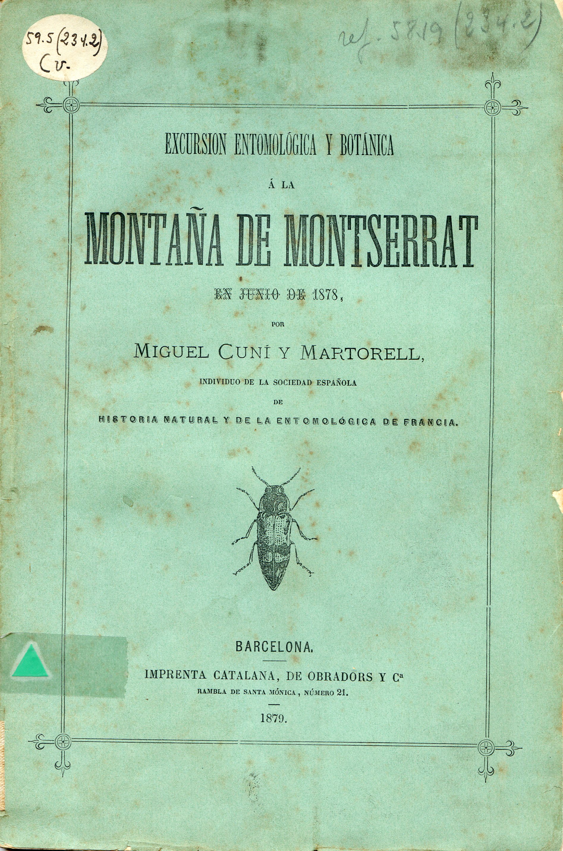 Excursion Entomológica y botánica á la montaña de Montserrat en junio de 1878 - Portada