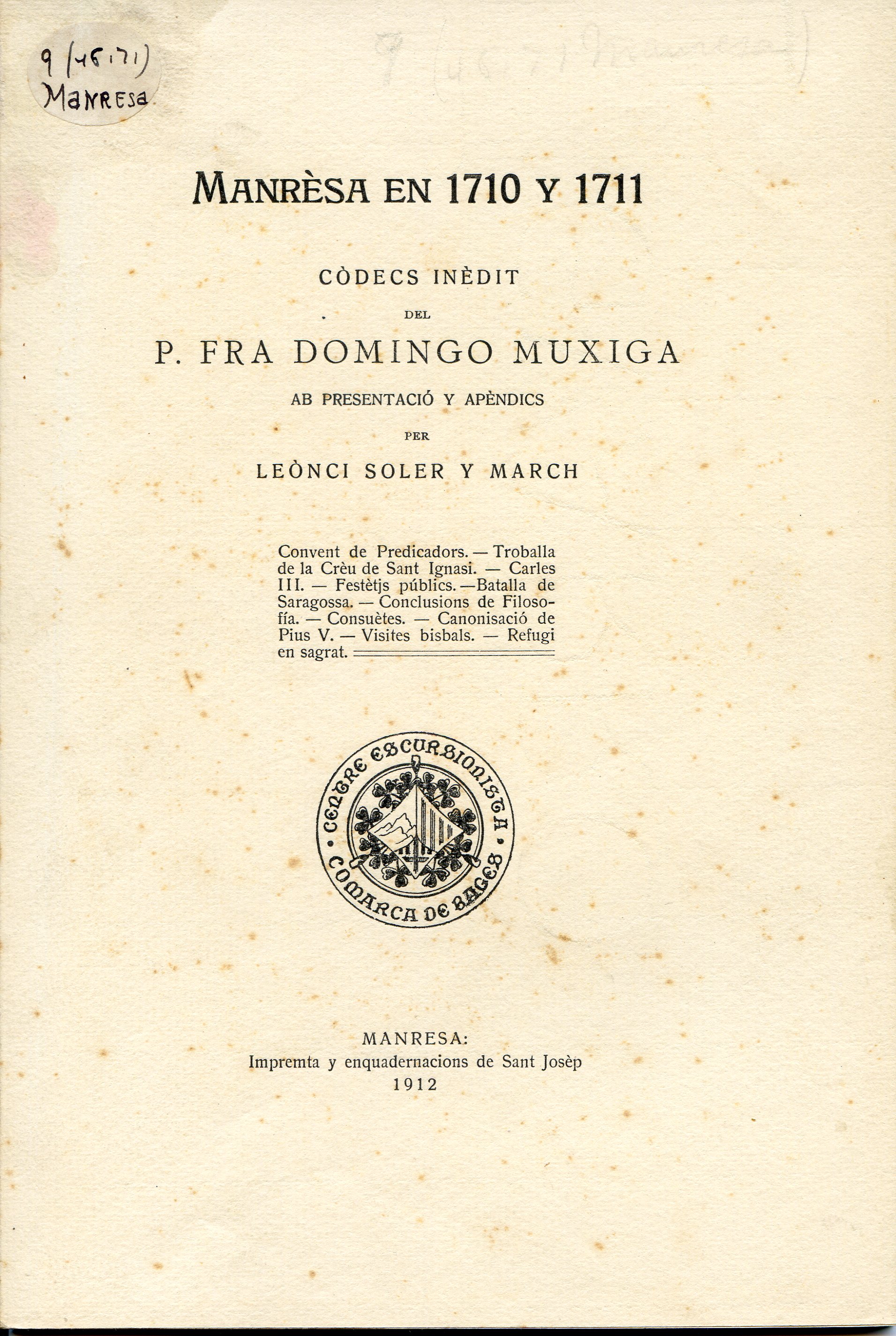 Manrèsa en 1710 y 1711: Còdecs inèdit del P. Fra Domingo Muxiga ab presentació y apèndics - Portada