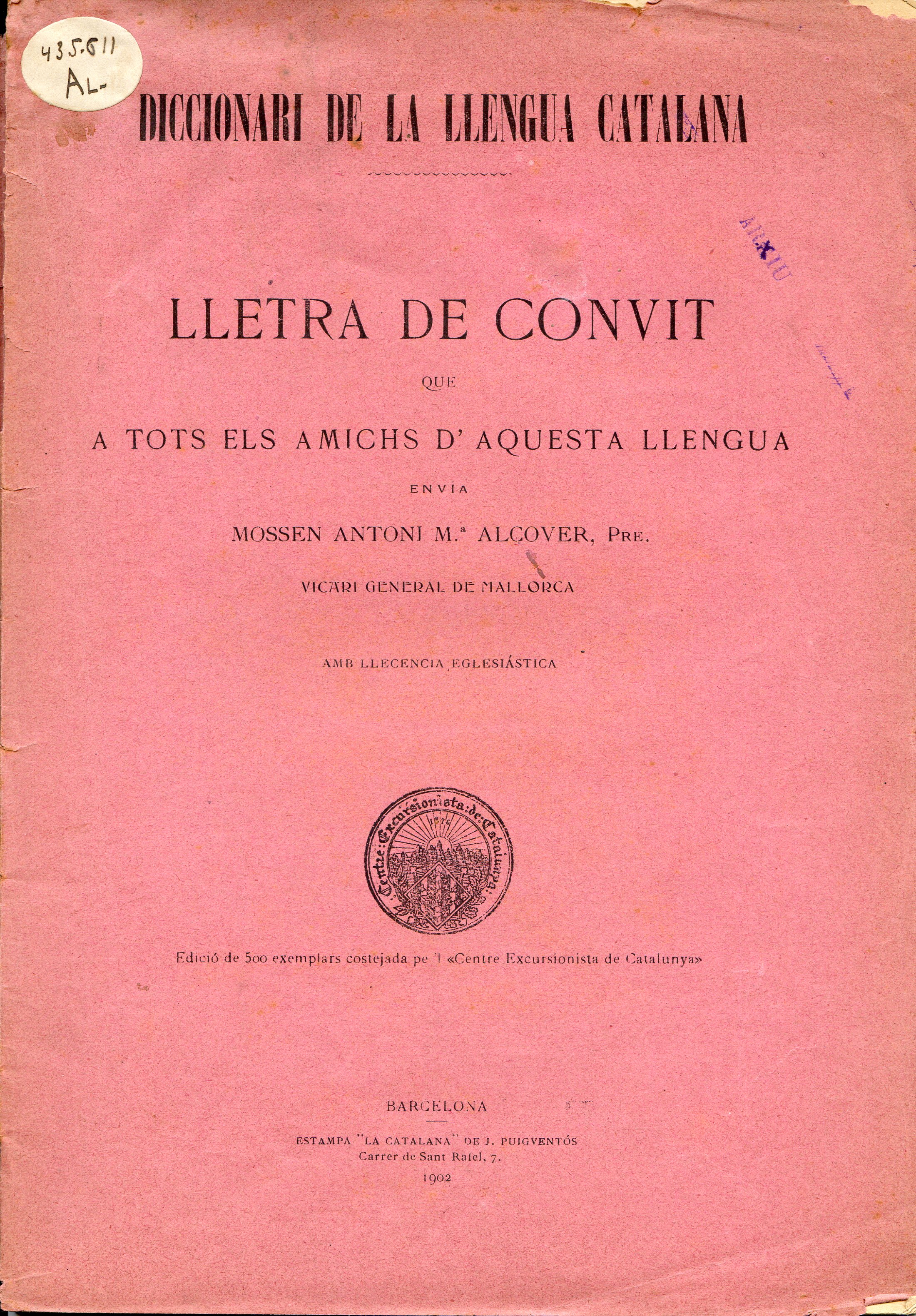 Diccionari de la llengua catalana : Lletra de convit que a tots els amichs d'aquesta llengua envia mossen Antoni M.ª Alcover, pre. Vicari general de Mallorca - Portada