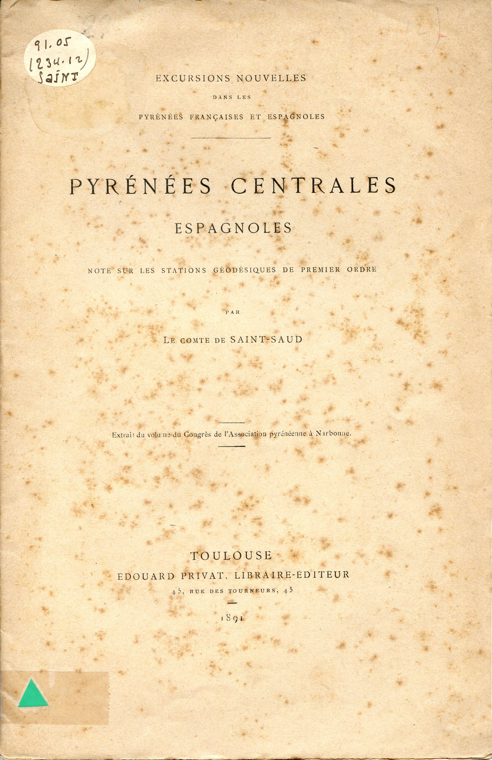 Pyrénées Centrales espagnoles : Note sur les stations géodésiques de premier ordre - Portada