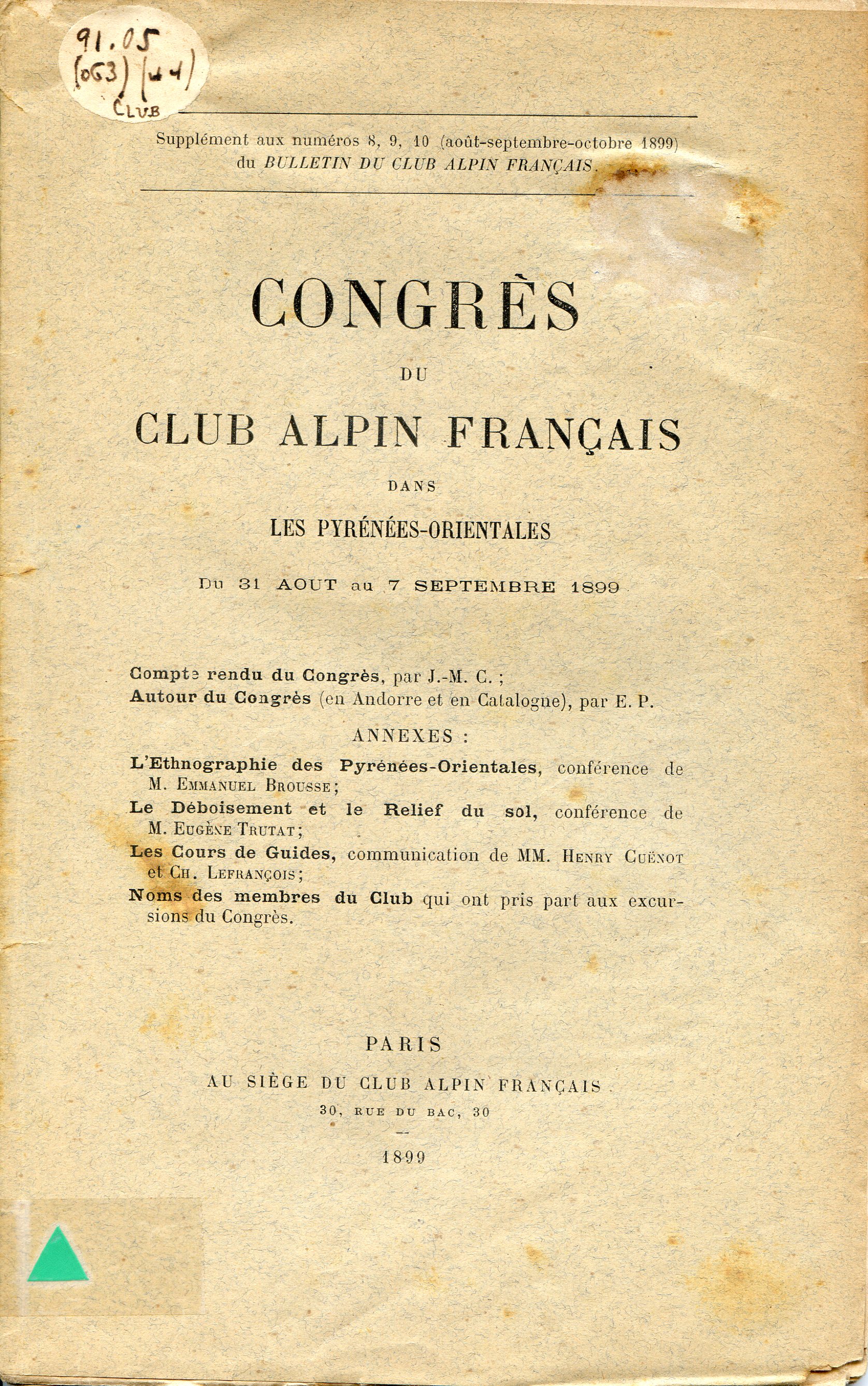 Congrès du Club Alpin Français dans Les Pyrénées-orientales : Du 31 Aout au 7 septembre 1899 - Portada