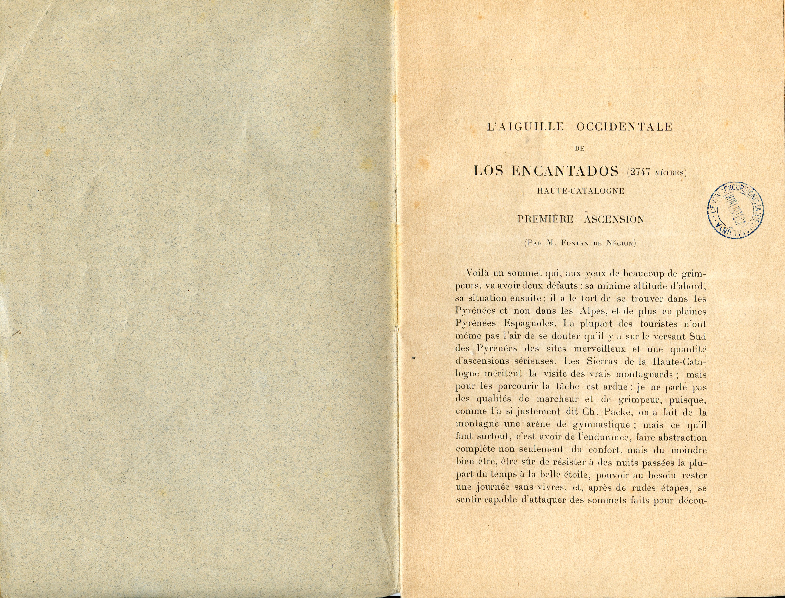 Aiguille occidentale de los Encantados (2474 mètres) Haute-Catalogne première ascension (par M. Fontan de Négrin) - Portada