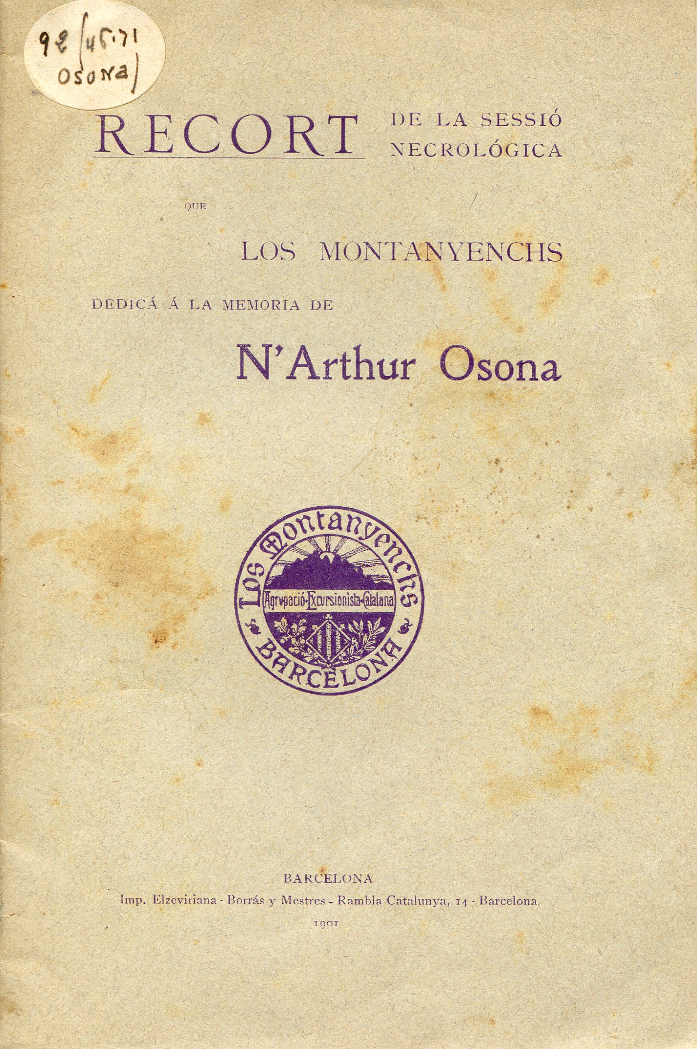 Recort de la sessió necrológica que los montanyenchs dedicá á la memoria de n'Arthur Osona - Portada