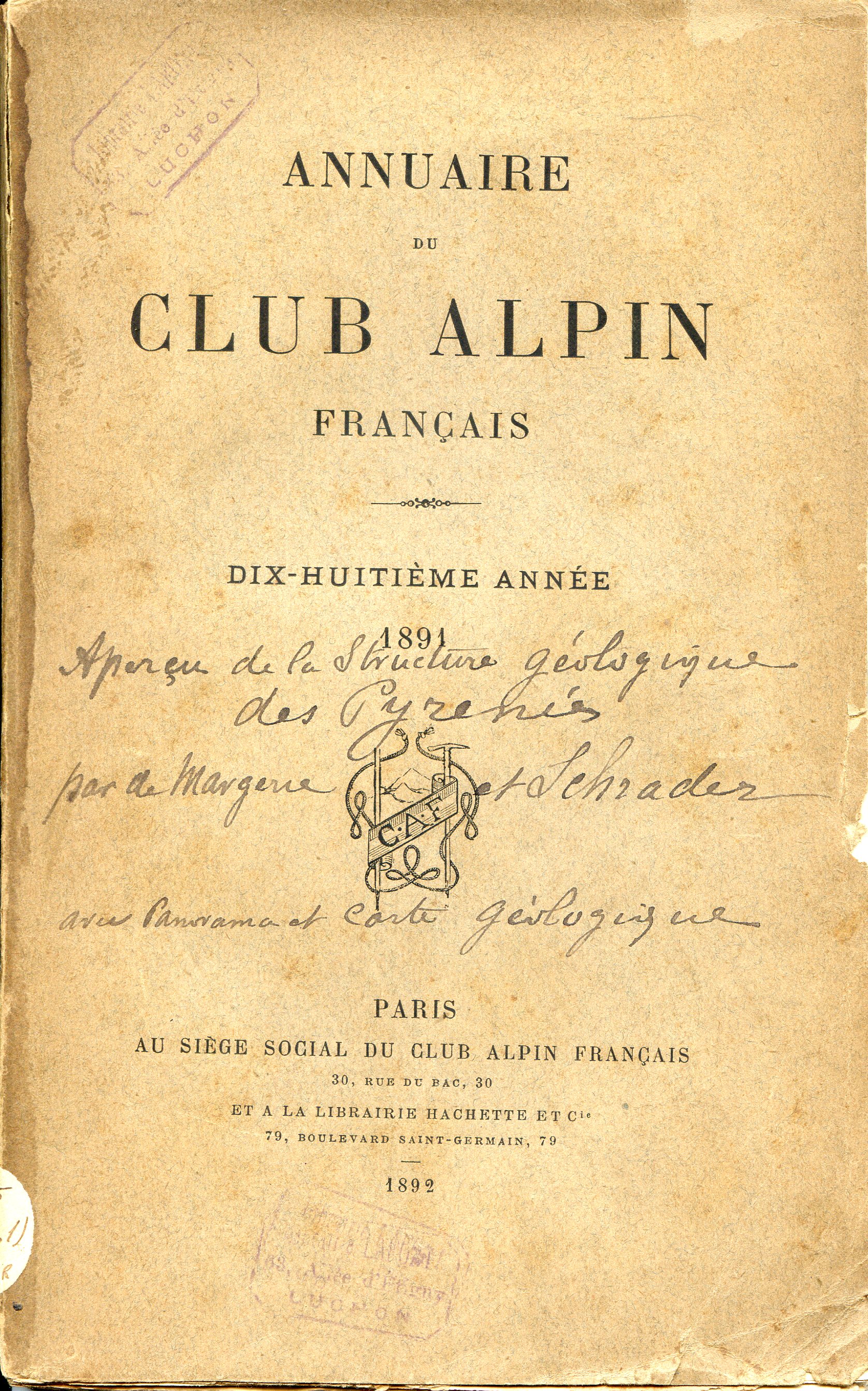 VI Aperçu de la structure géologique des Pyrénées : Annuaire du Club Alpin Français : Dix-Huitième Année 1891 - Portada