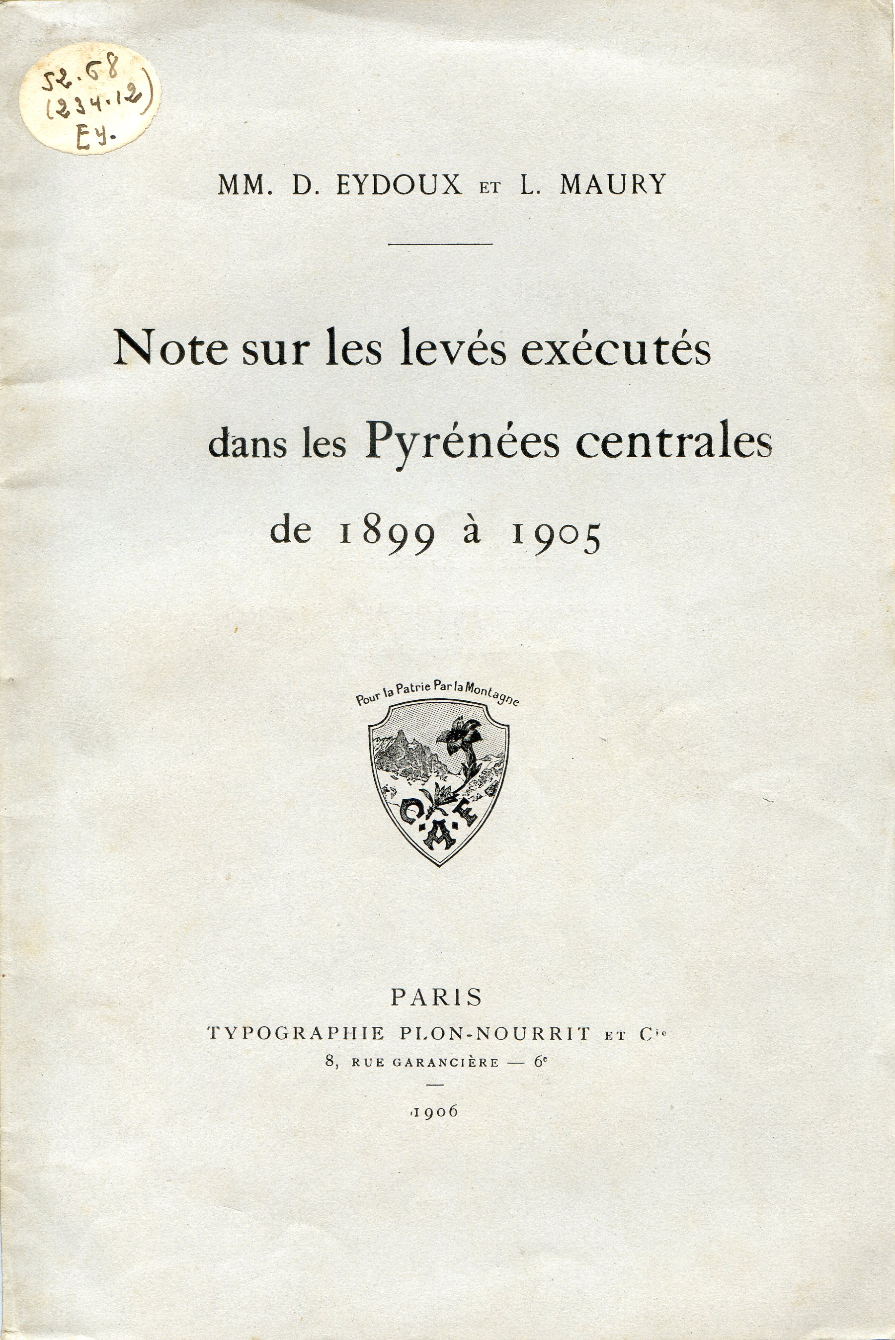 Note sur les léves exécutés dans les Pyrénées centrales de 1899 à 1905 - Portada