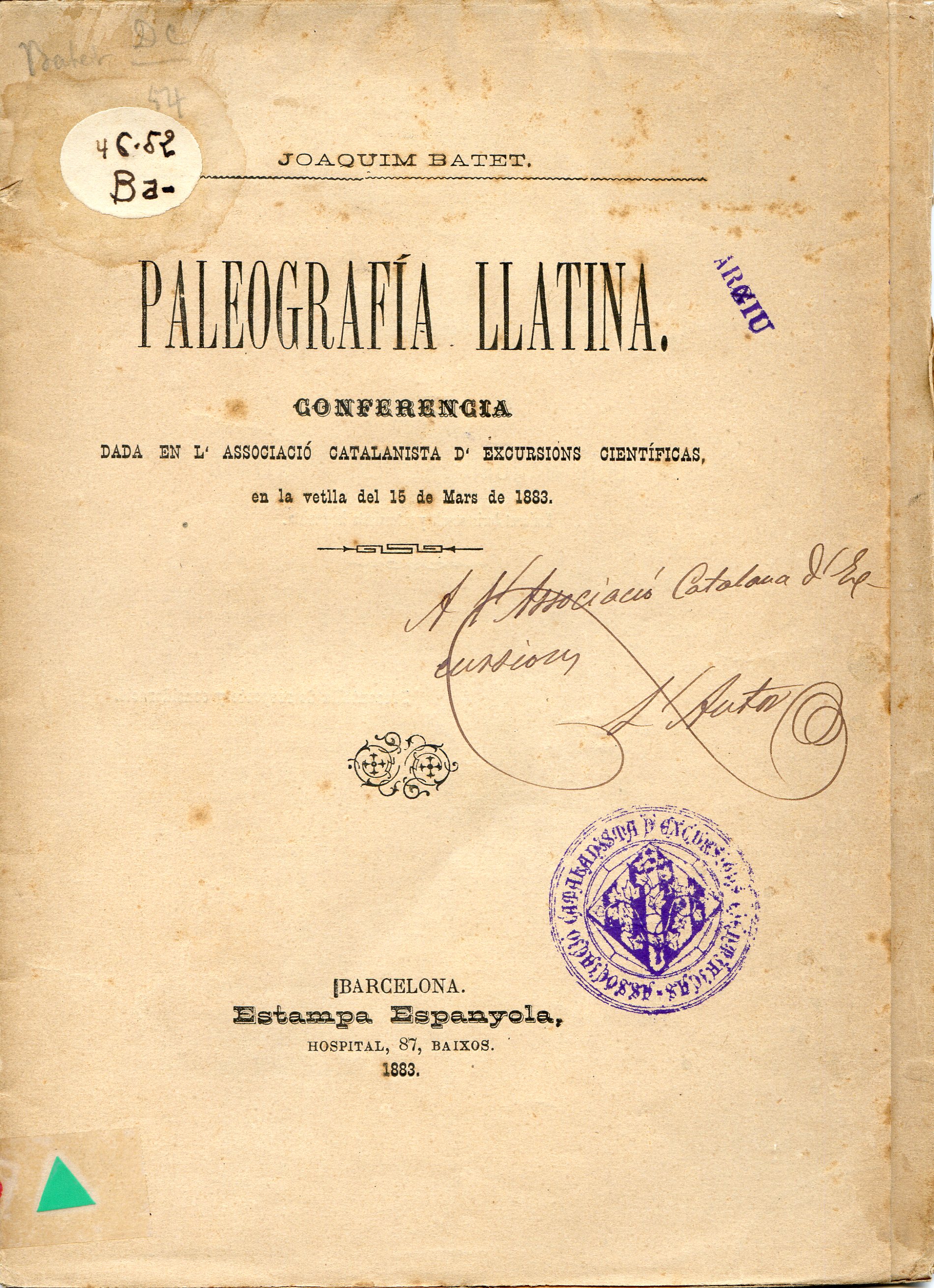Paleografía llatina : Conferencia dada en l'Associació Catalanista d'Excursions Científicas, en la vetlla del 15 de Mars de 1883 - Portada