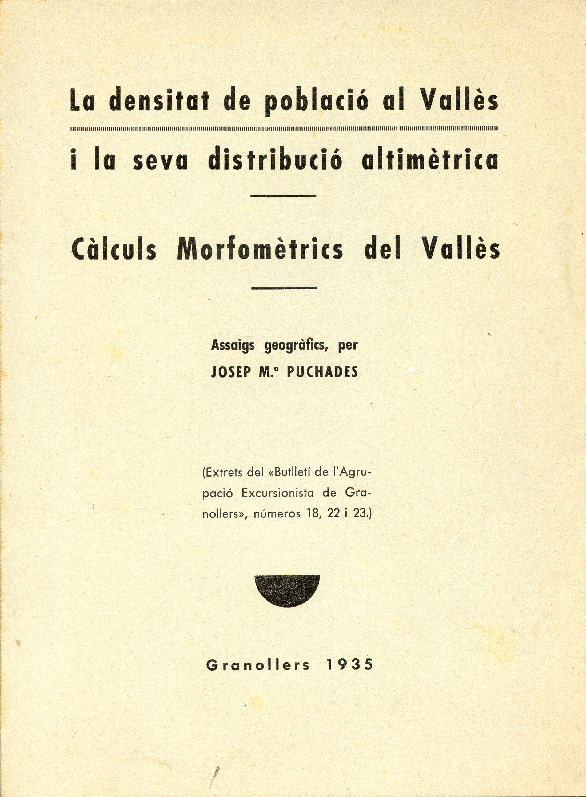 densitat de població al Vallès i la seva distribució altimètrica, La  : Càlculs Morfomètrics del Vallès - Portada