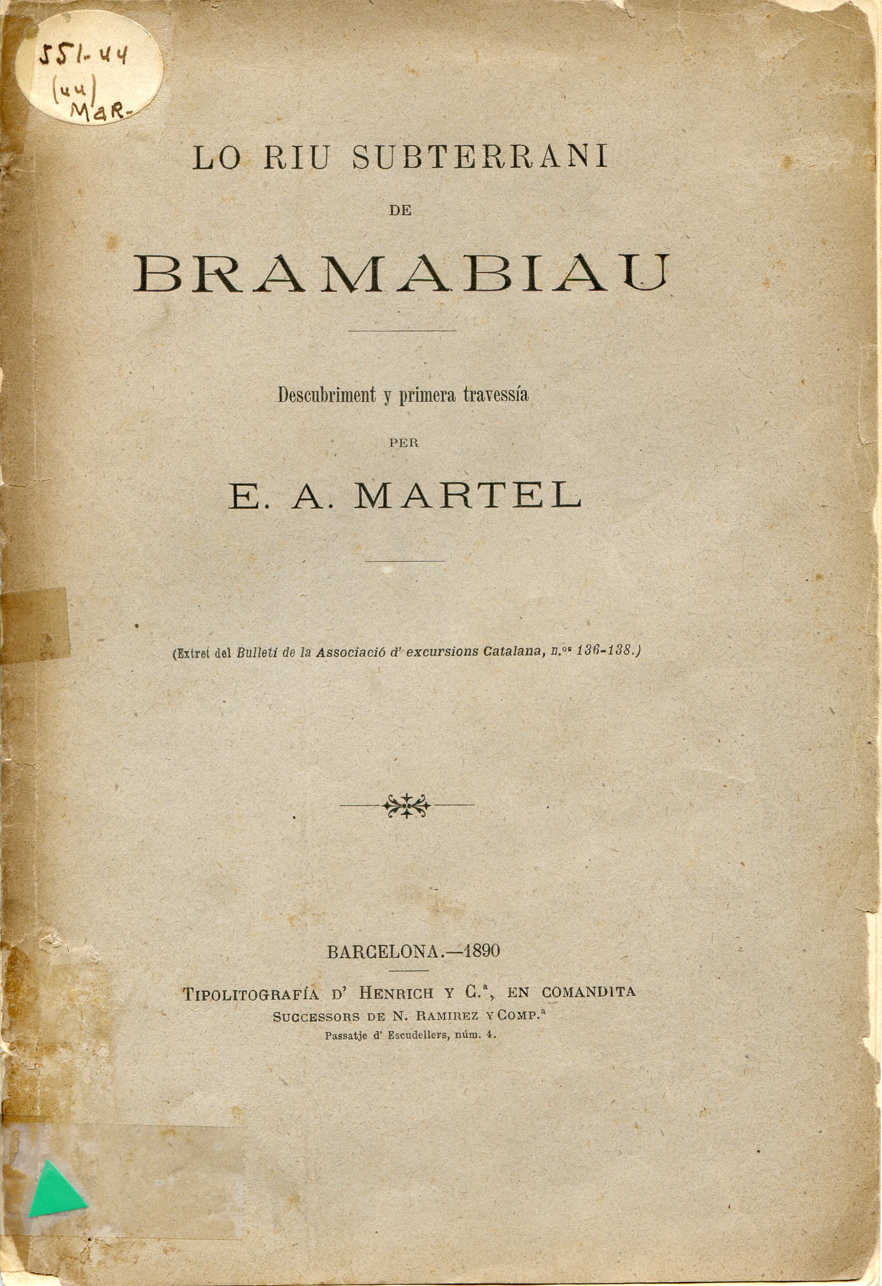 Riu subterrani de Bramabiau : Descobriment y primera travessía - Portada