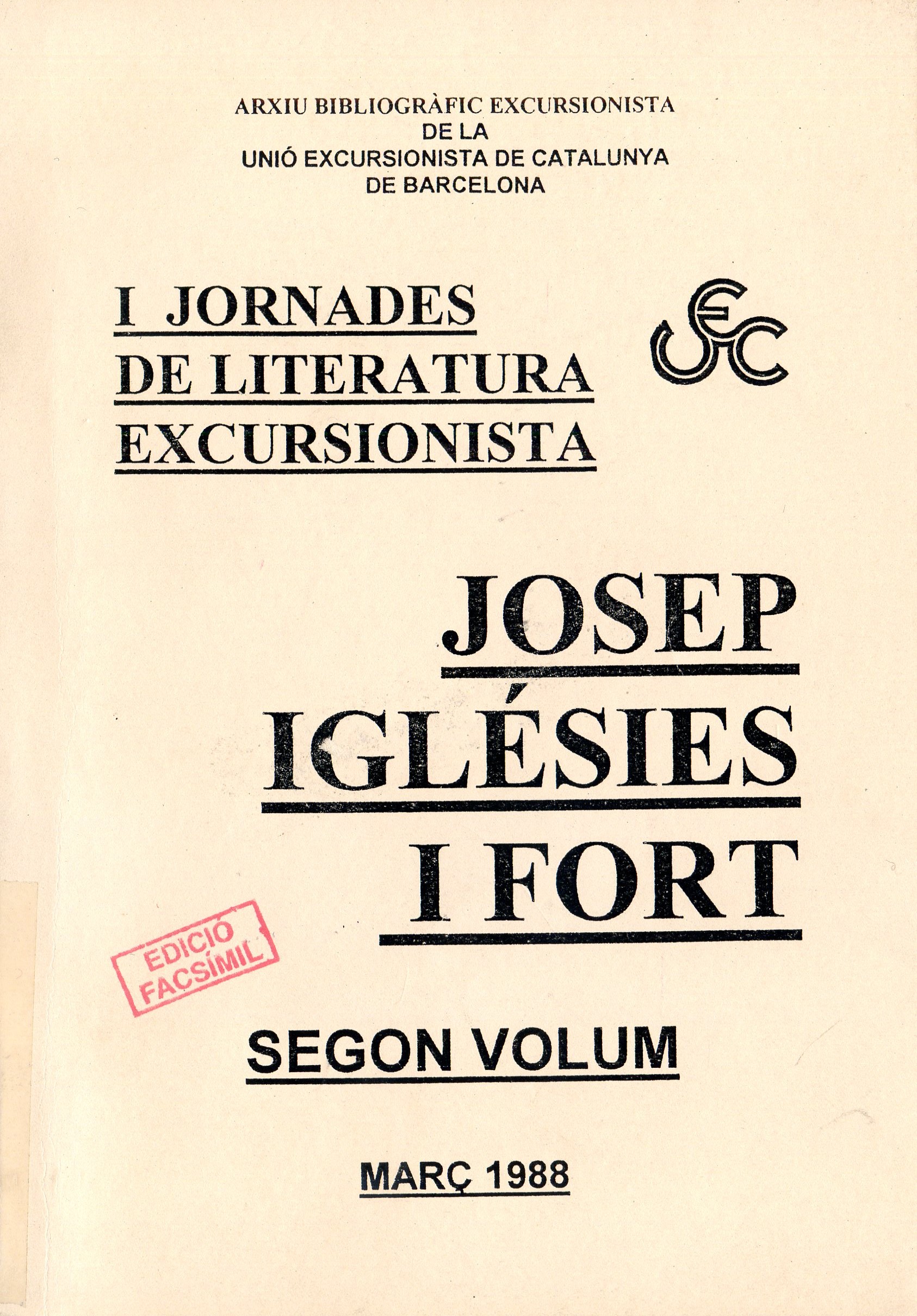 I Jornades de Literatura Excursionista : Curs d'Història de l'Excursionisme Català : Segon Volum - Portada
